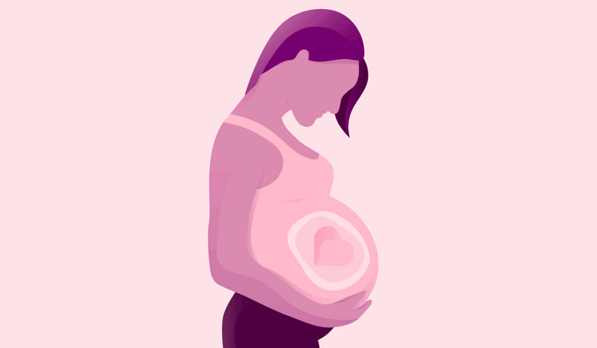 pregnancy 桌布 壁紙 — 一位風格化的孕婦以柔和的粉紅色調輕輕地抱著她的腹部，腹部有一個發光的愛心。