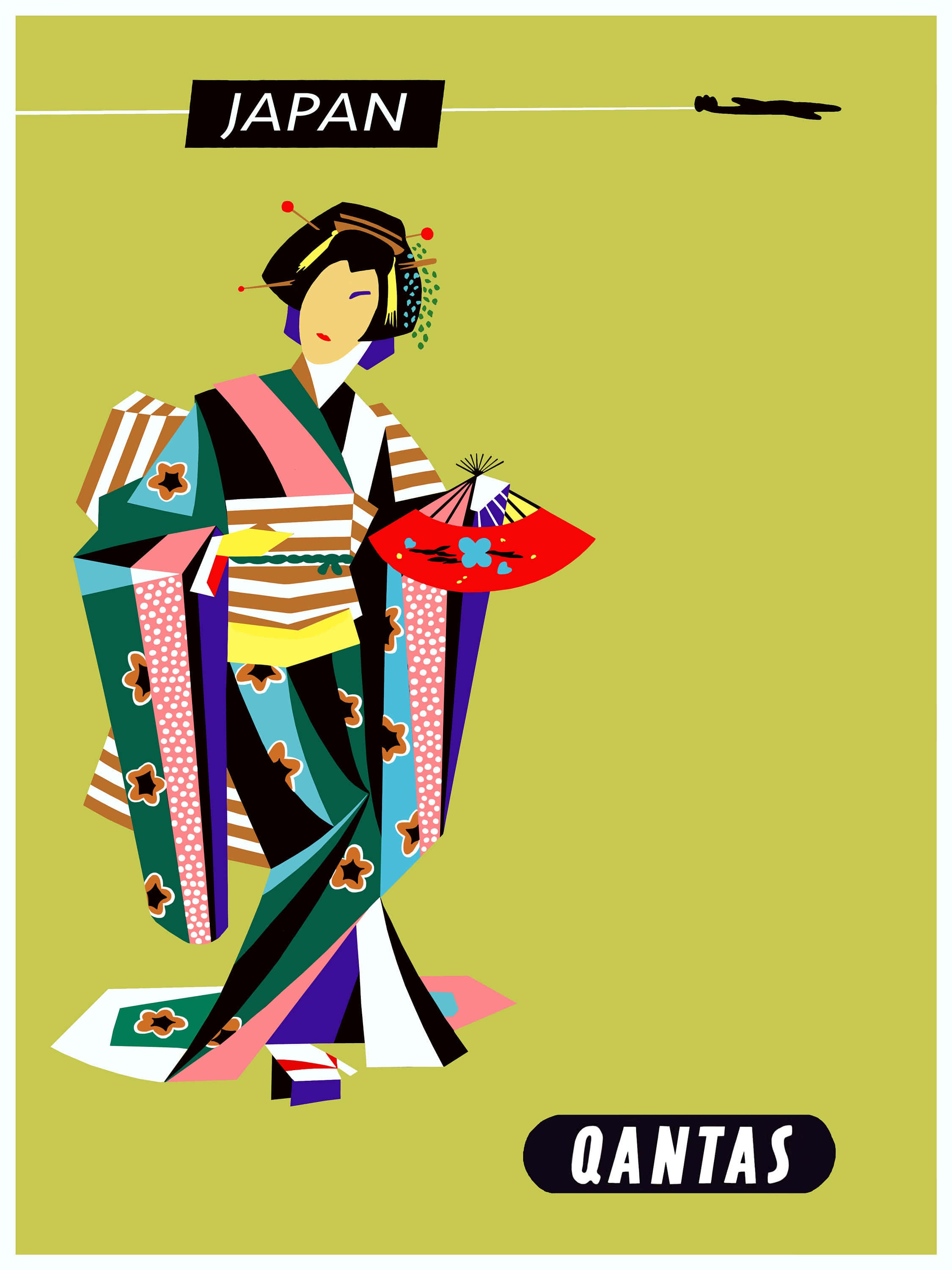 Japanese Pop Art 桌布 壁紙 — 一位風格化的日本藝妓穿著色彩繽紛的幾何和服，在純橄欖綠背景前手持紅色扇子。