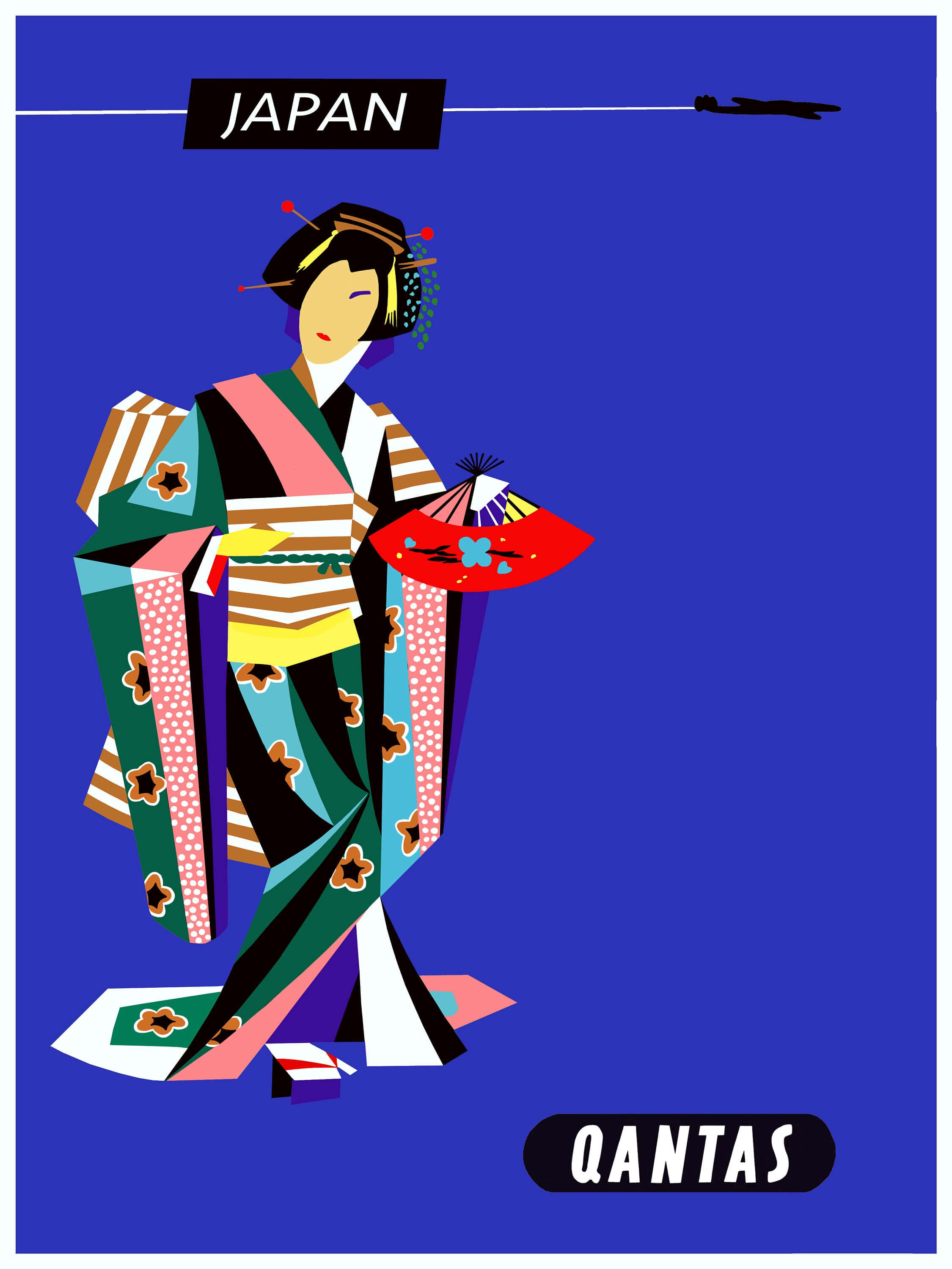 Japanese Pop Art 桌布 壁紙 — 一位風格化的日本藝妓穿著色彩繽紛的幾何和服，在純藍色背景上拿著紅色扇子，並帶有「JAPAN」和「QANTAS」文字。