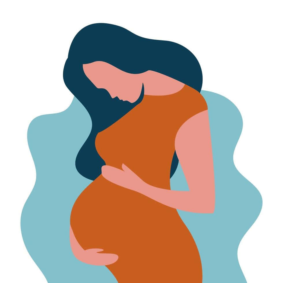pregnancy 桌布 壁紙 — 一位風格化的深色頭髮孕婦，在柔和的藍色抽象背景前輕輕地抱著她的肚子。