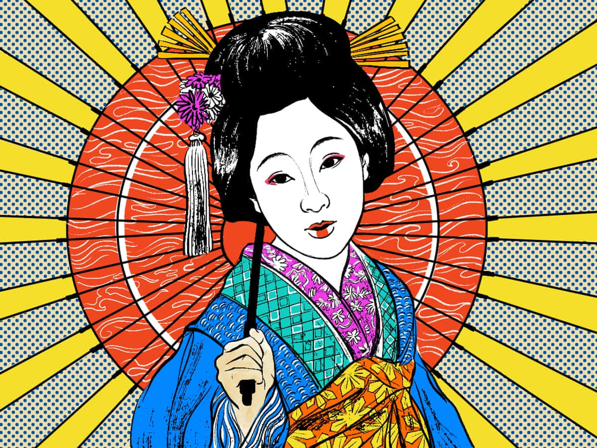 Japanese Pop Art 桌布 壁紙 — 一位風格化的藝妓穿著鮮豔的和服，在醒目的黃色太陽光背景下拿著一把紅扇。