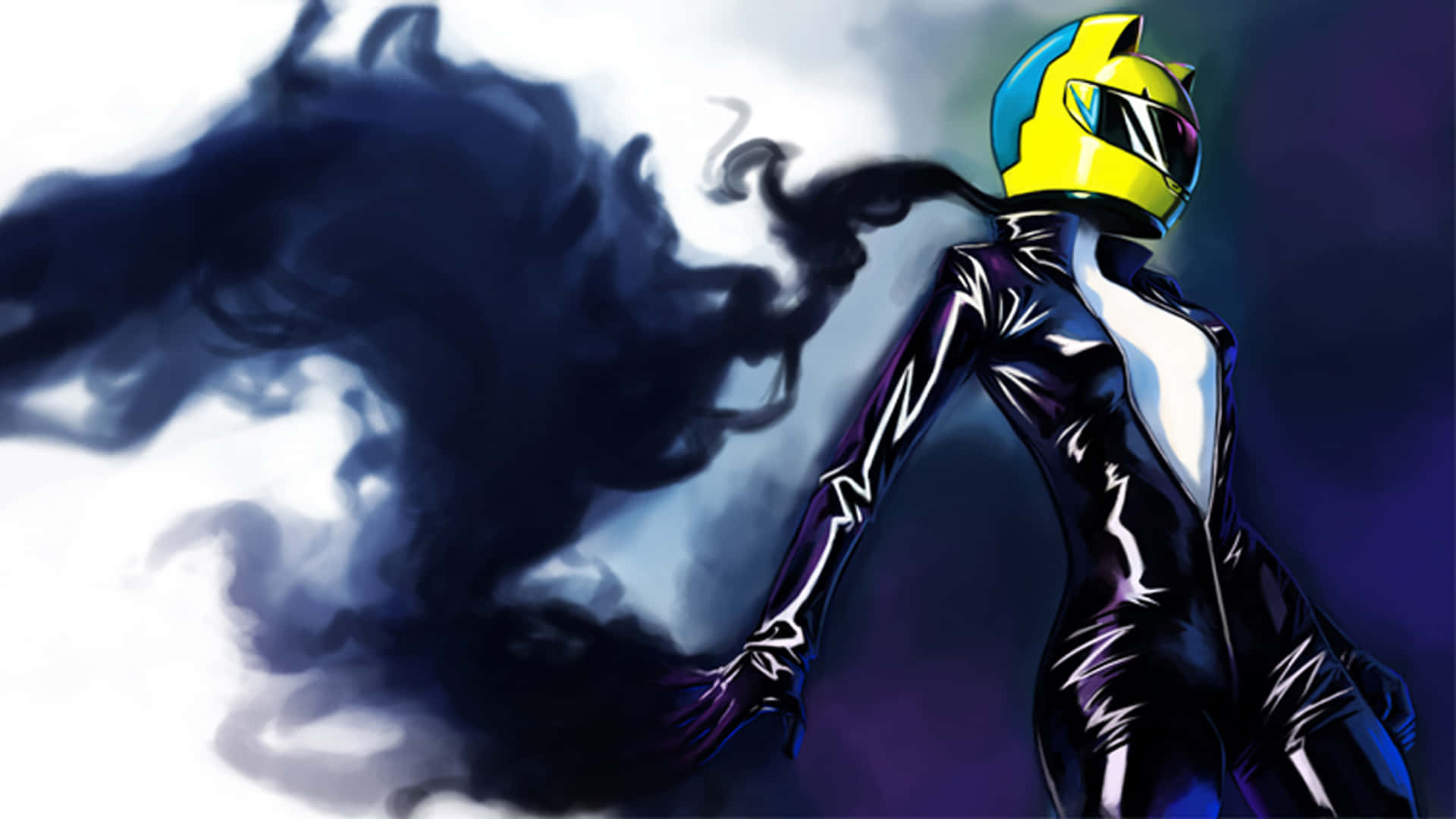 Celty Sturluson 桌布 壁紙 — 一位風格化的賽車手穿著光澤黑色賽車服和黃色頭盔，在戲劇性燈光下站在旋轉的黑暗煙霧前。