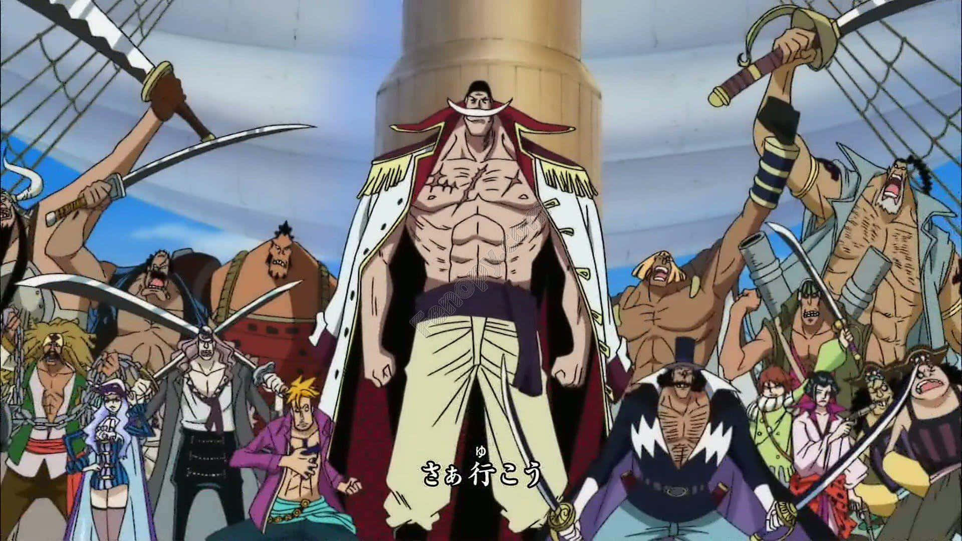Whitebeard 桌布 壁紙 — 一位高大的動畫船長，笑容燦爛，身穿白色外套，站在船桅頂端，周圍是揮舞著劍的船員，背景是明亮的藍天。