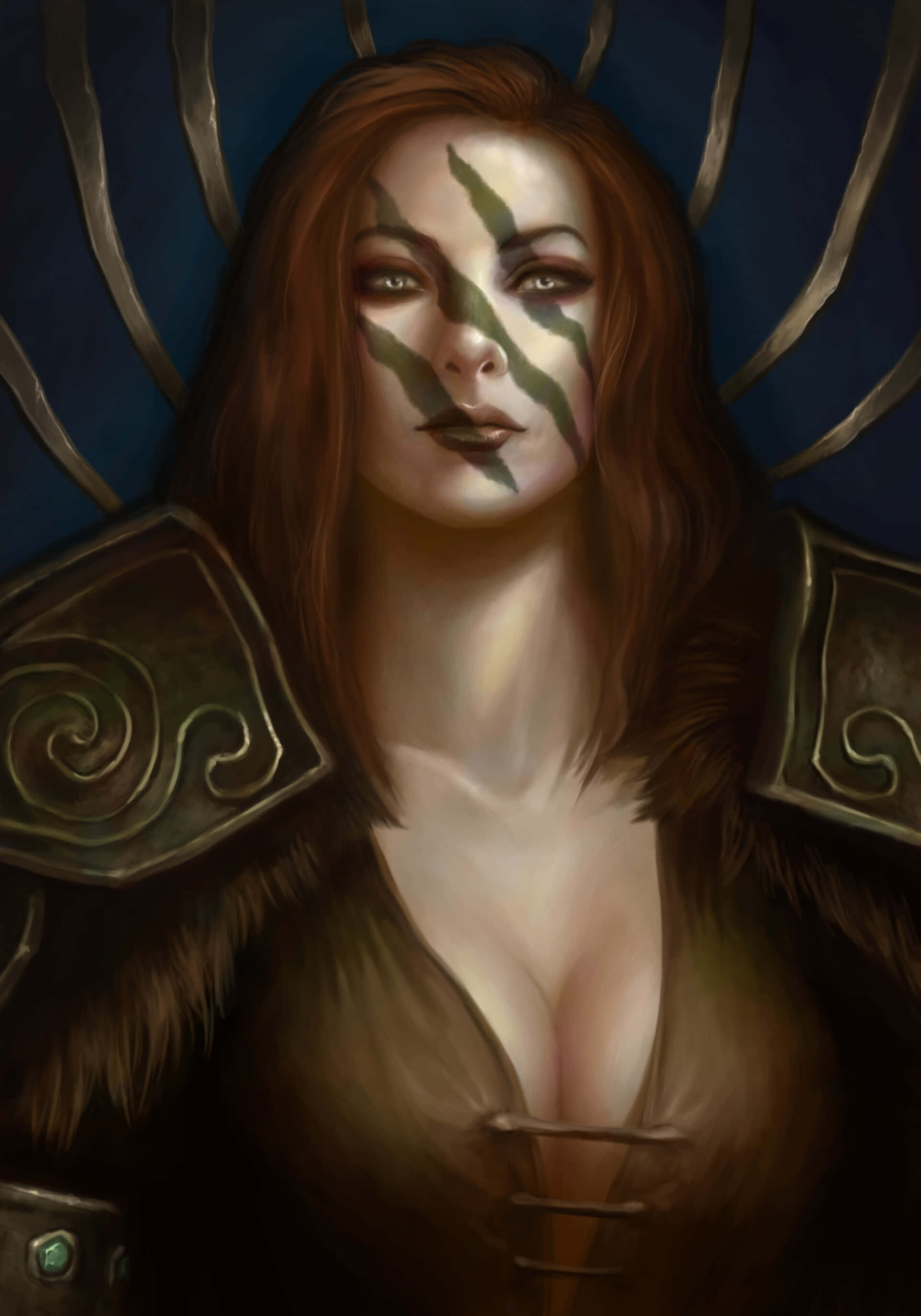 Aela The Huntress 桌布 壁紙 — 一位高貴的奇幻女性，臉上帶有葉子圖案的彩繪和華麗的盔甲，在深藍色背景下向前凝視。