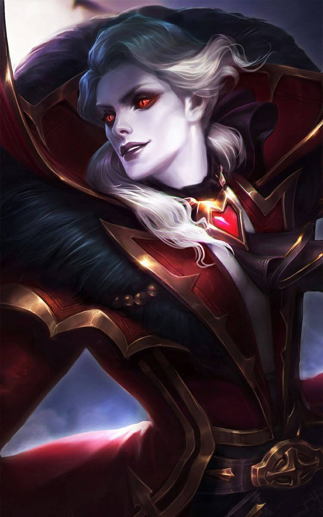 Mobile Legends 桌布 壁紙 — 一位高貴的奇幻戰士，擁有發光的紅色眼睛和飄逸的銀色頭髮，穿著華麗的紅色和金色盔甲，背景是黑暗神秘的。