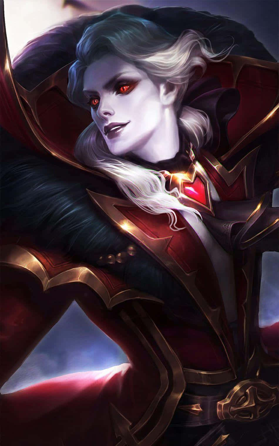 Mobile Legend 桌布 壁紙 — 一位高貴的奇幻戰士，擁有發光的紅色眼睛和飄逸的白髮，穿著華麗的紅金色盔甲，背景是黑暗神秘的。