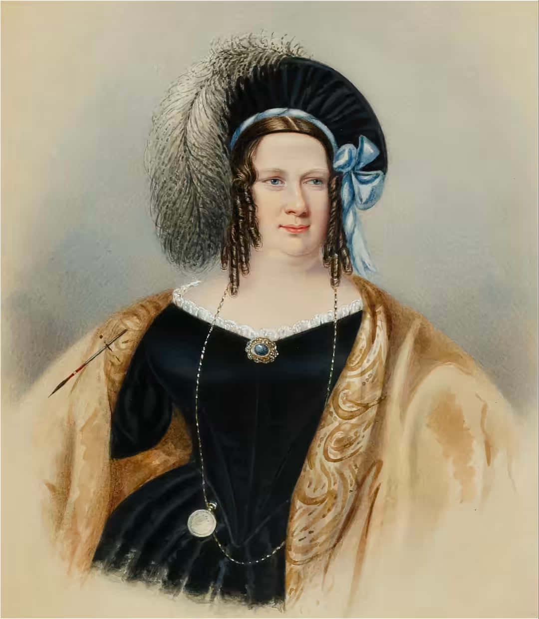 Victorian 桌布 壁紙 — 一位高貴的女性身穿黑色天鵝絨長袍，披著金線刺繡披肩，戴著羽毛帽，溫柔地凝視著觀者。