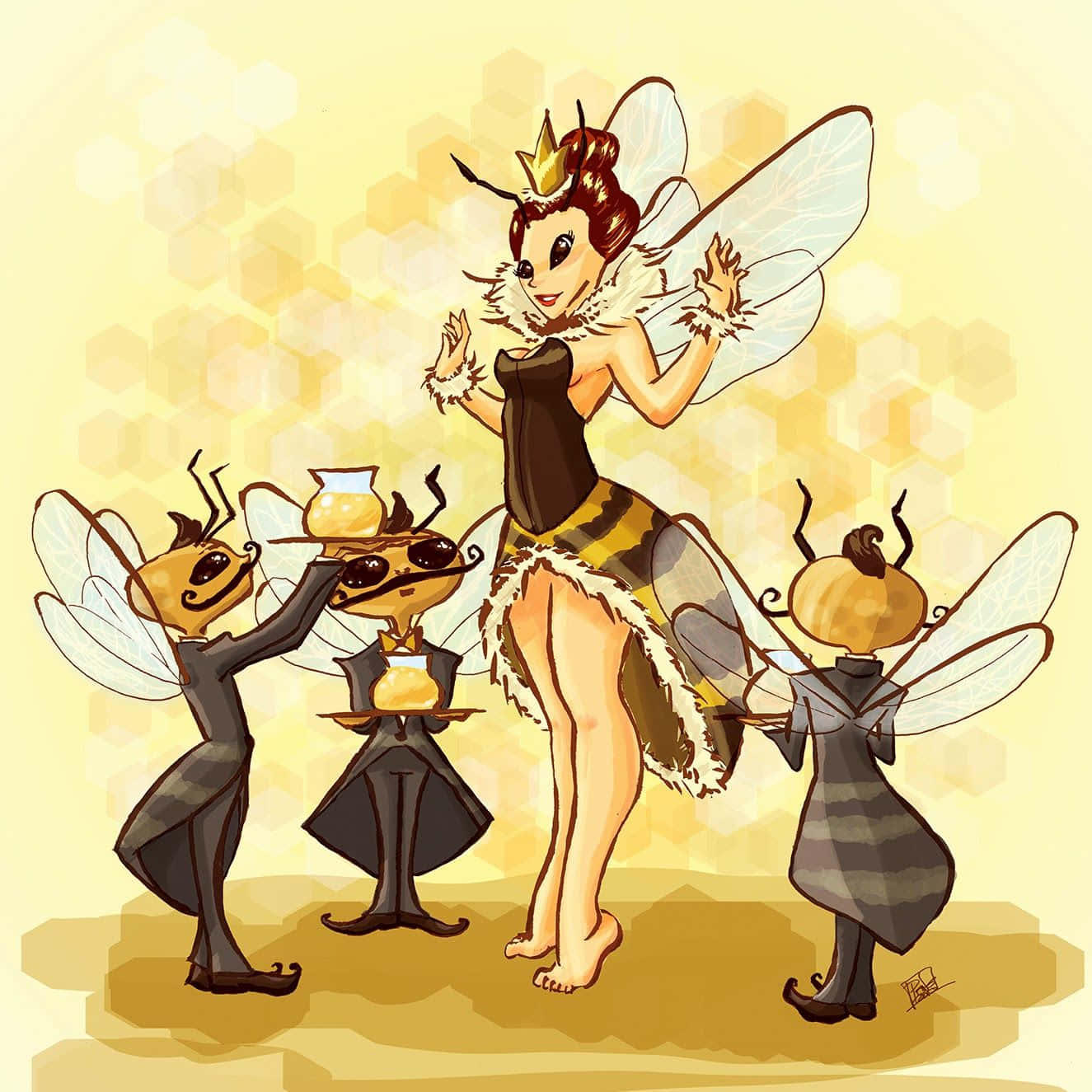 Cute Queen 桌布 壁紙 — 一位高貴的蜂后戴着皇冠、穿着羽毛裙，與三位拿着蜜罐的蜜蜂僕人在蜂巢背景前跳舞。