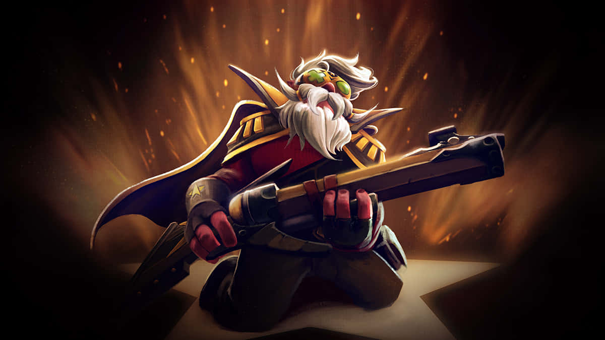 Dota 2 Sniper 桌布 壁紙 — 一位鬍鬚巫師身穿紅金鎧甲，跪著揮舞一把大型步槍，背景是熾熱的金色。