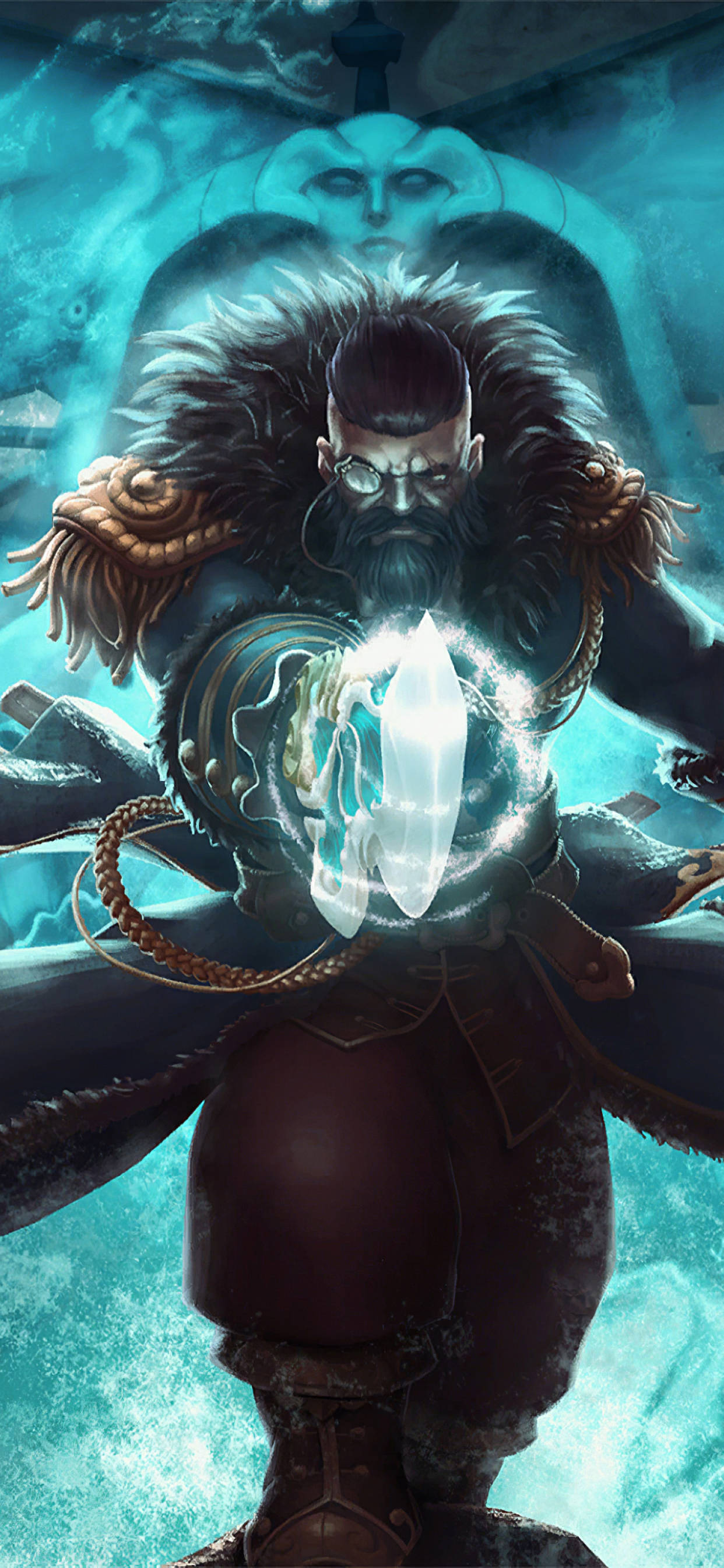 dota 2 iPhone 桌布 壁紙 — 一位鬍鬚戰士穿著毛皮襯裡的盔甲，在藍綠色神秘背景下從水晶球引導發光魔法。