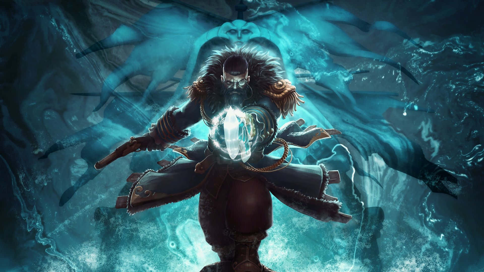 Dota 桌布 壁紙 — 一位鬍鬚戰士身穿暗黑盔甲，在神秘的水下洞穴中被幽靈般的身影包圍，引導著發光的藍色能量。