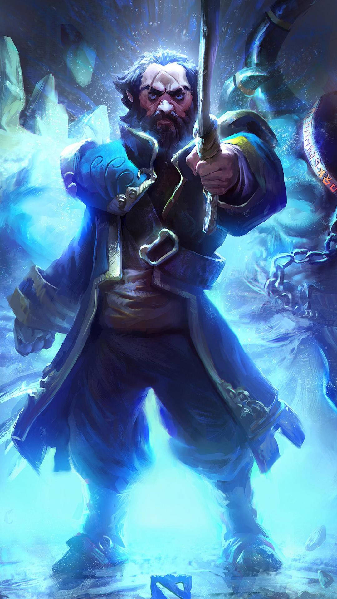 dota 2 iPhone 桌布 壁紙 — 一位鬍鬚戰士身著華麗盔甲，在旋轉的藍色魔法能量中緊握發光劍，呈現奇幻戰鬥場景。