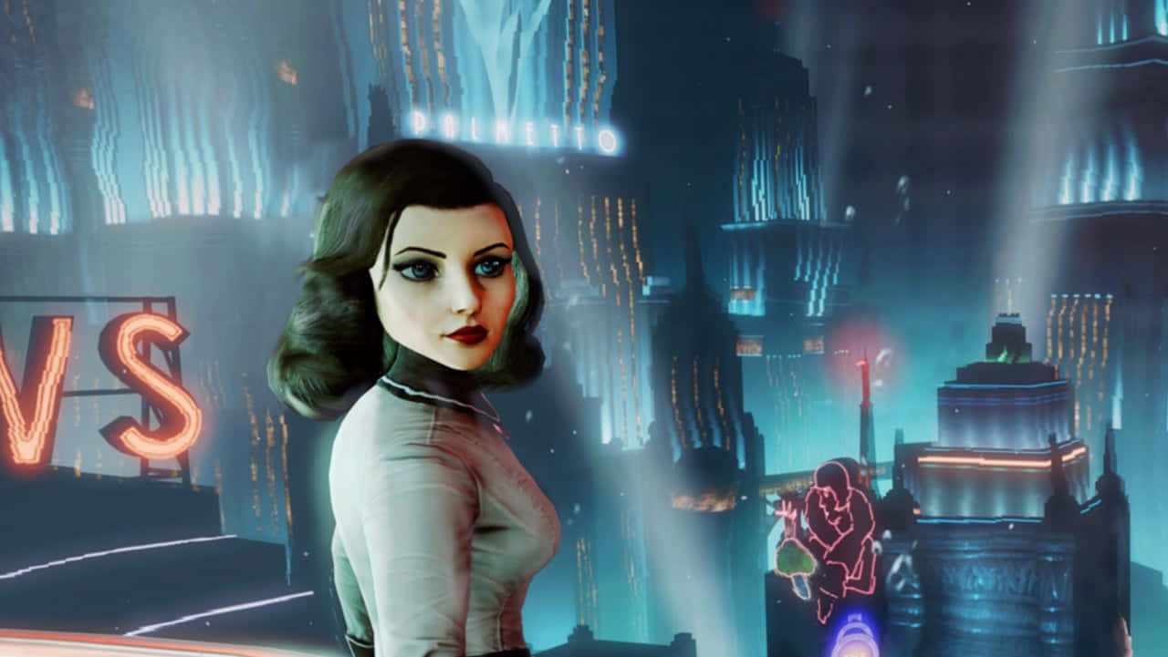 Bioshock Characters 桌布 壁紙 — 一位魅力女性身處夜間復古未來主義城市景觀中，周圍有霓虹燈牌和高聳的摩天大樓。