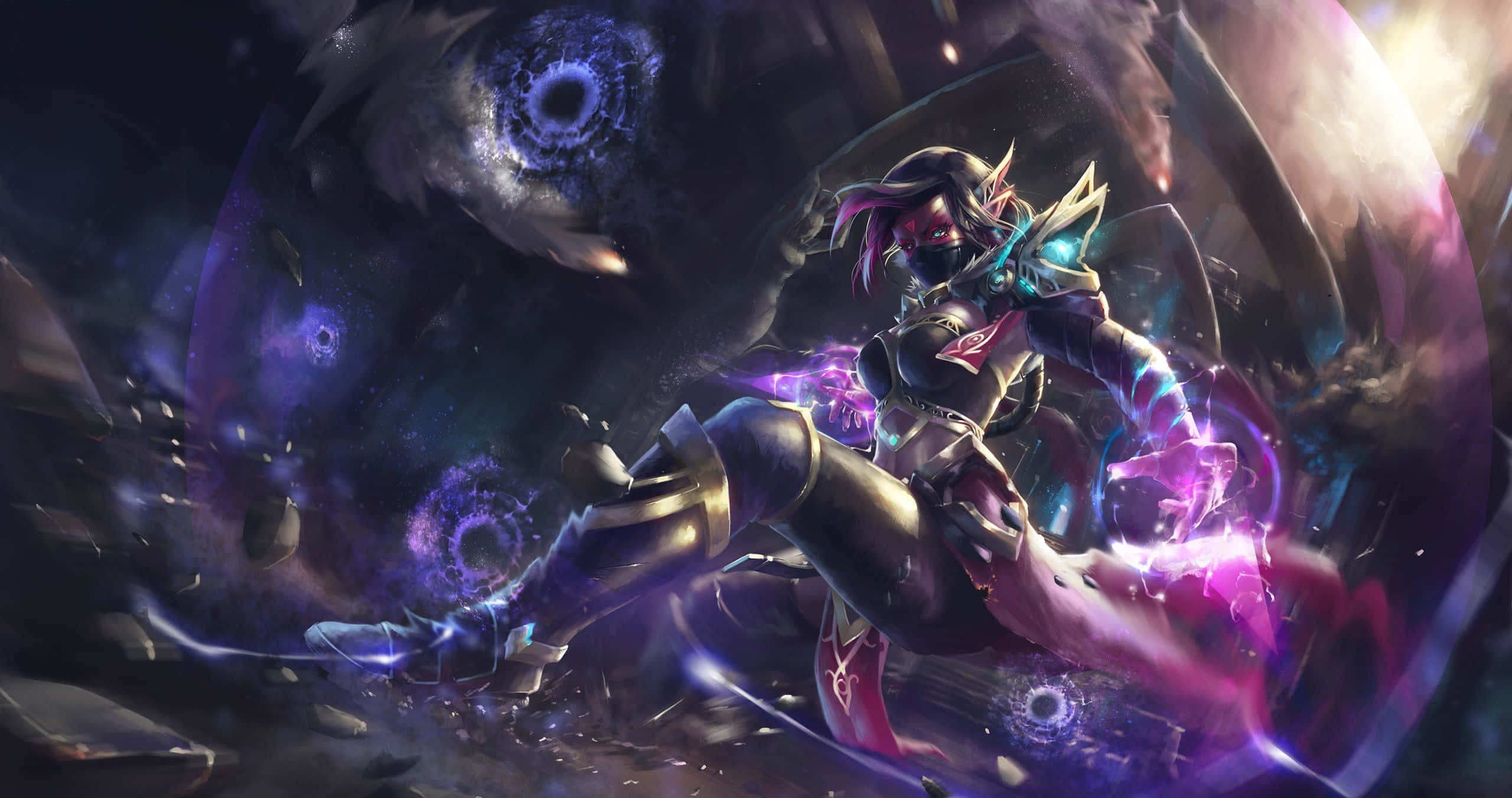 Templar Assassin 桌布 壁紙 — 一位黑暗奇幻戰士，帶著發光的紫色能量，在宇宙碎片和旋轉的漩渦中攻擊。