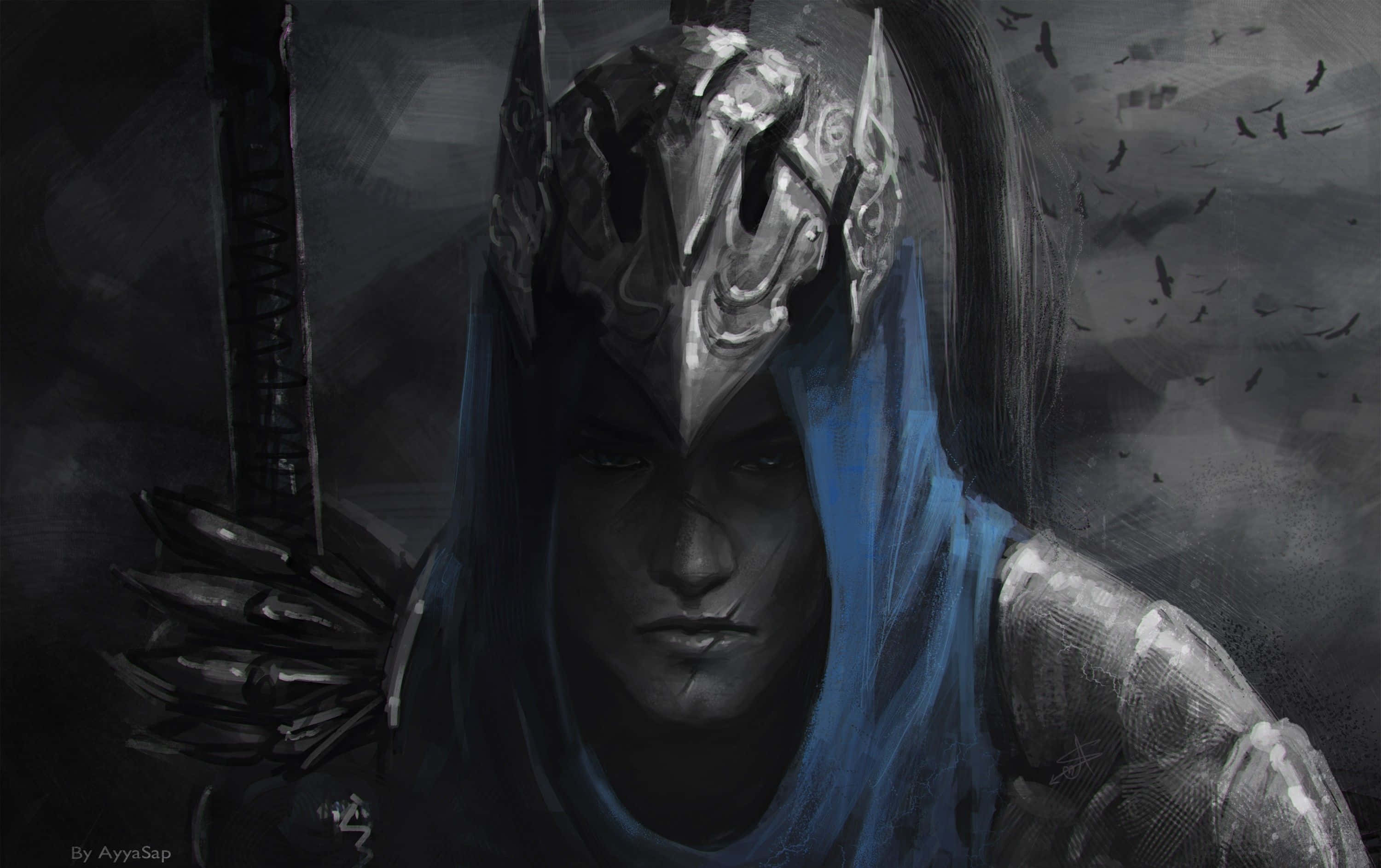 Artorias The Abysswalker 桌布 壁紙 — 一位黑暗奇幻戰士，戴著華麗的銀色頭盔和藍色兜帽，在風暴天空和飛鳥的背景下凝視著。