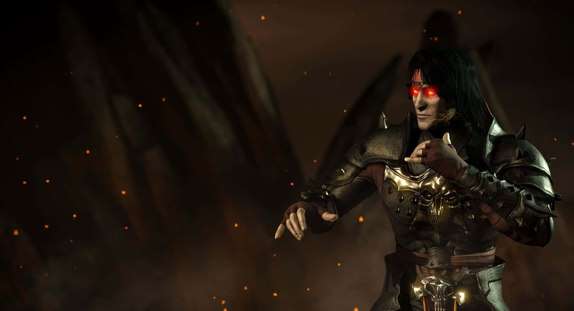 Mortal Kombat Liu Kang 桌布 壁紙 — 一位黑暗奇幻戰士，擁有發光的紅色眼睛和華麗的盔甲，站在煙霧繚繞、火焰熊熊的環境中。