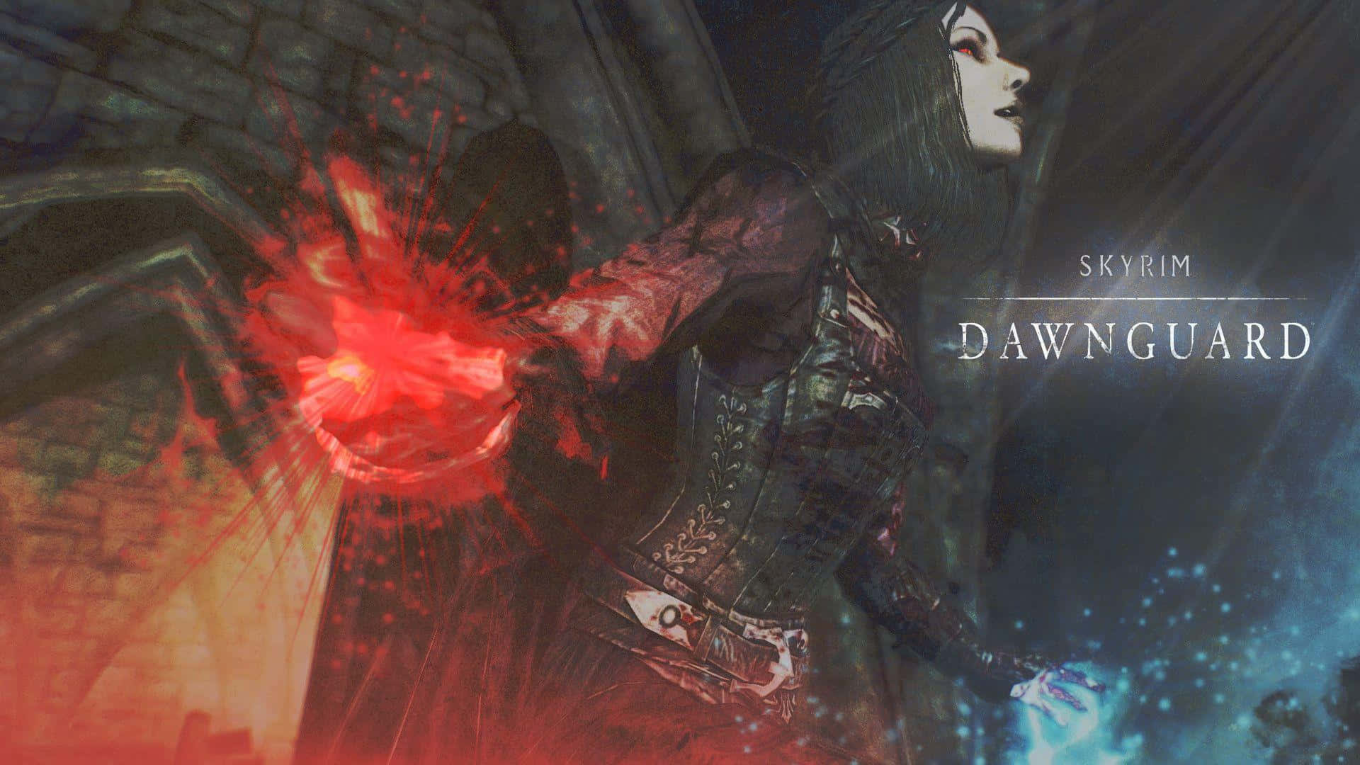 Skyrim Dawnguard 桌布 壁紙 — 一位黑暗奇幻戰士在哥德式石廳中引導紅色魔法能量，周圍有發光的藍色粒子旋轉。