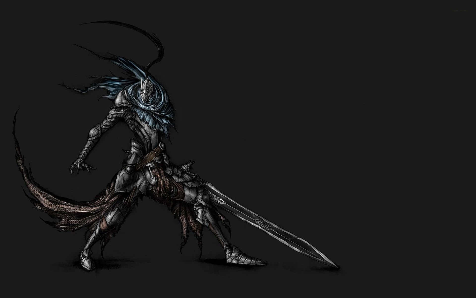 Artorias The Abysswalker 桌布 壁紙 — 一位黑暗奇幻戰士身穿華麗銀色盔甲，在黑色背景前揮舞長劍，飄逸著藍色長髮。