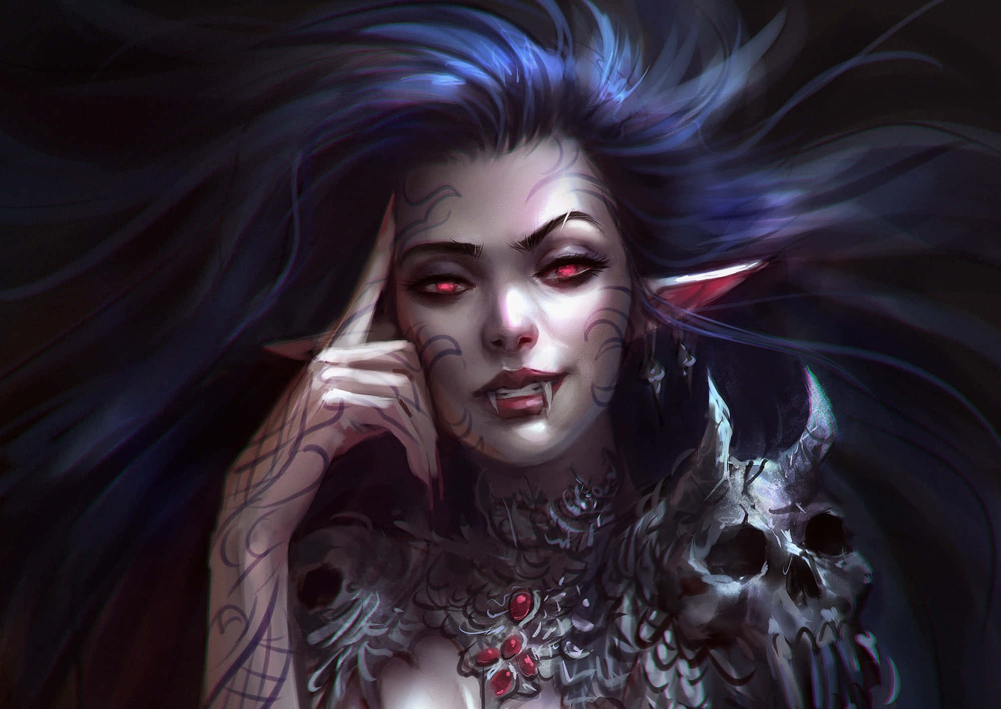 Dark Vampire 桌布 壁紙 — 一位黑暗奇幻精靈女性，擁有發光的紅色眼睛和飄逸的藍黑色頭髮，手持一個鑲有紅色寶石的頭骨。