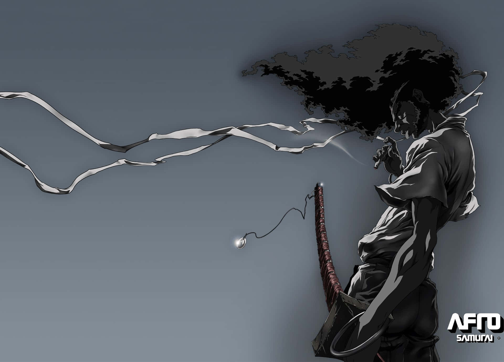 Afro Samurai 桌布 壁紙 — 一位黑白風格的武士戰士手持劍，灰色背景前黑暗能量在他周圍旋轉。