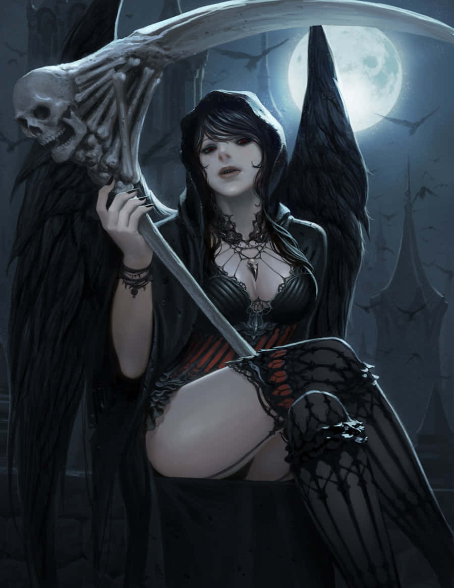 死神 桌布 壁紙 — 一位黑翼女性死神手持骷髏柄鐮刀，站在哥德式廢墟中的滿月前。