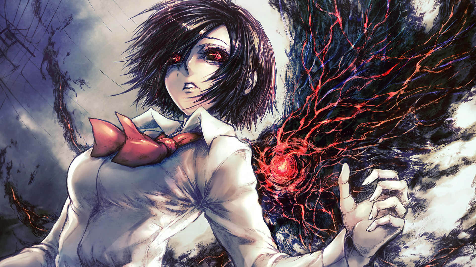 Urban Fantasy 桌布 壁紙 — 一位黑髮、紅眼睛、戴紅色蝴蝶結的動漫女孩，在暴風雨背景下揮舞著發光的紅色能量觸手。