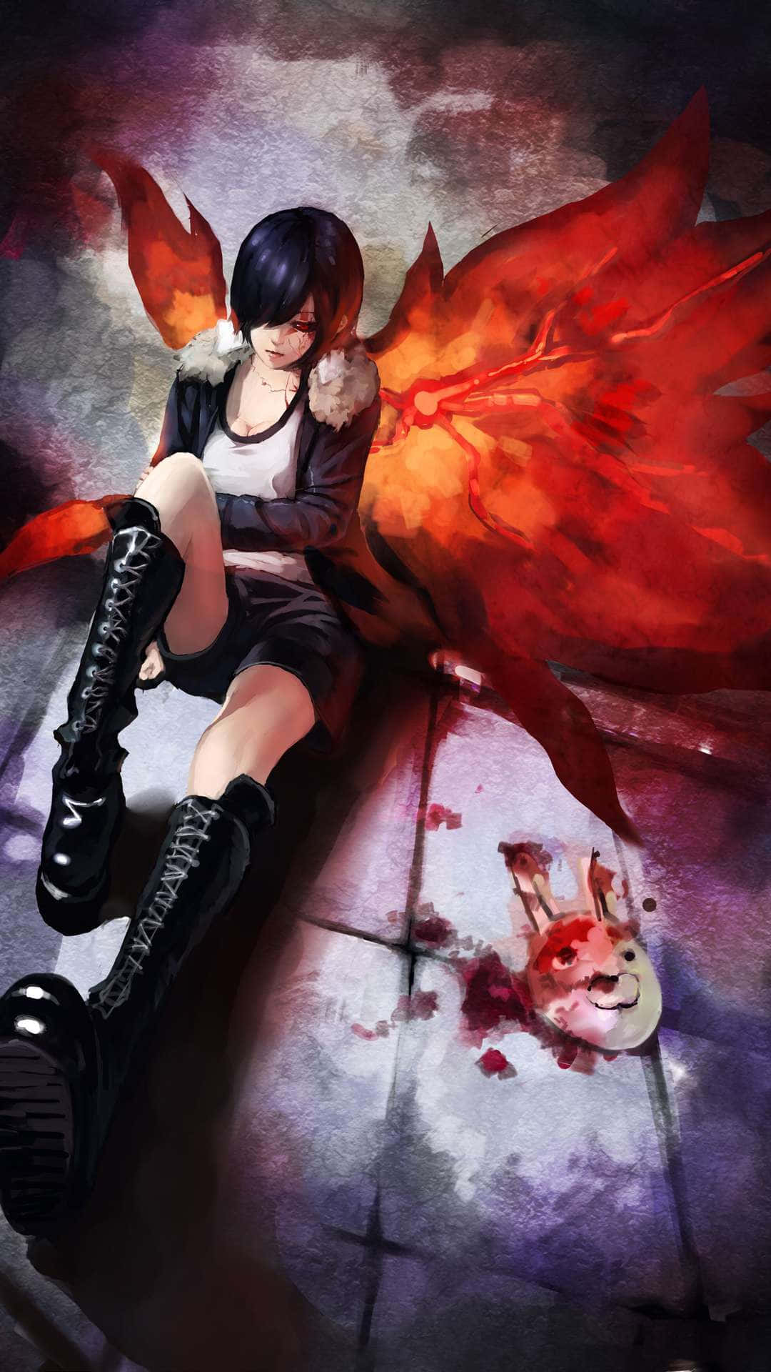 Touka Kirishima 桌布 壁紙 — 一位黑髮動漫女孩，擁有火紅的翅膀，坐在瓷磚地板上，旁邊是一個沾滿血跡的毛絨玩具。