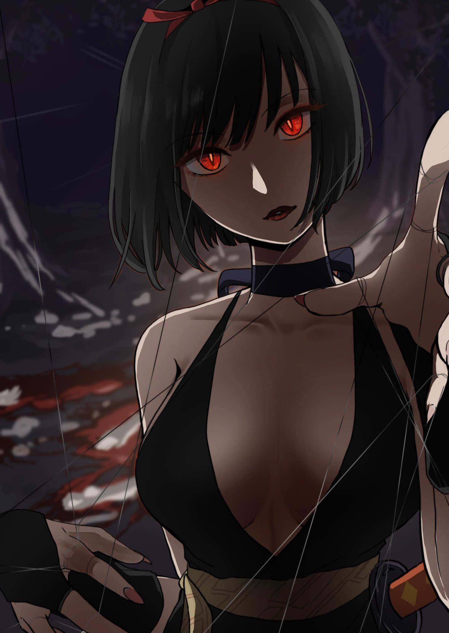 Inuyasha Yura 桌布 壁紙 — 一位黑髮動漫女孩，擁有發光的紅色眼睛，透過濺滿雨水的玻璃凝視，穿著黑色上衣和頸鏈。
