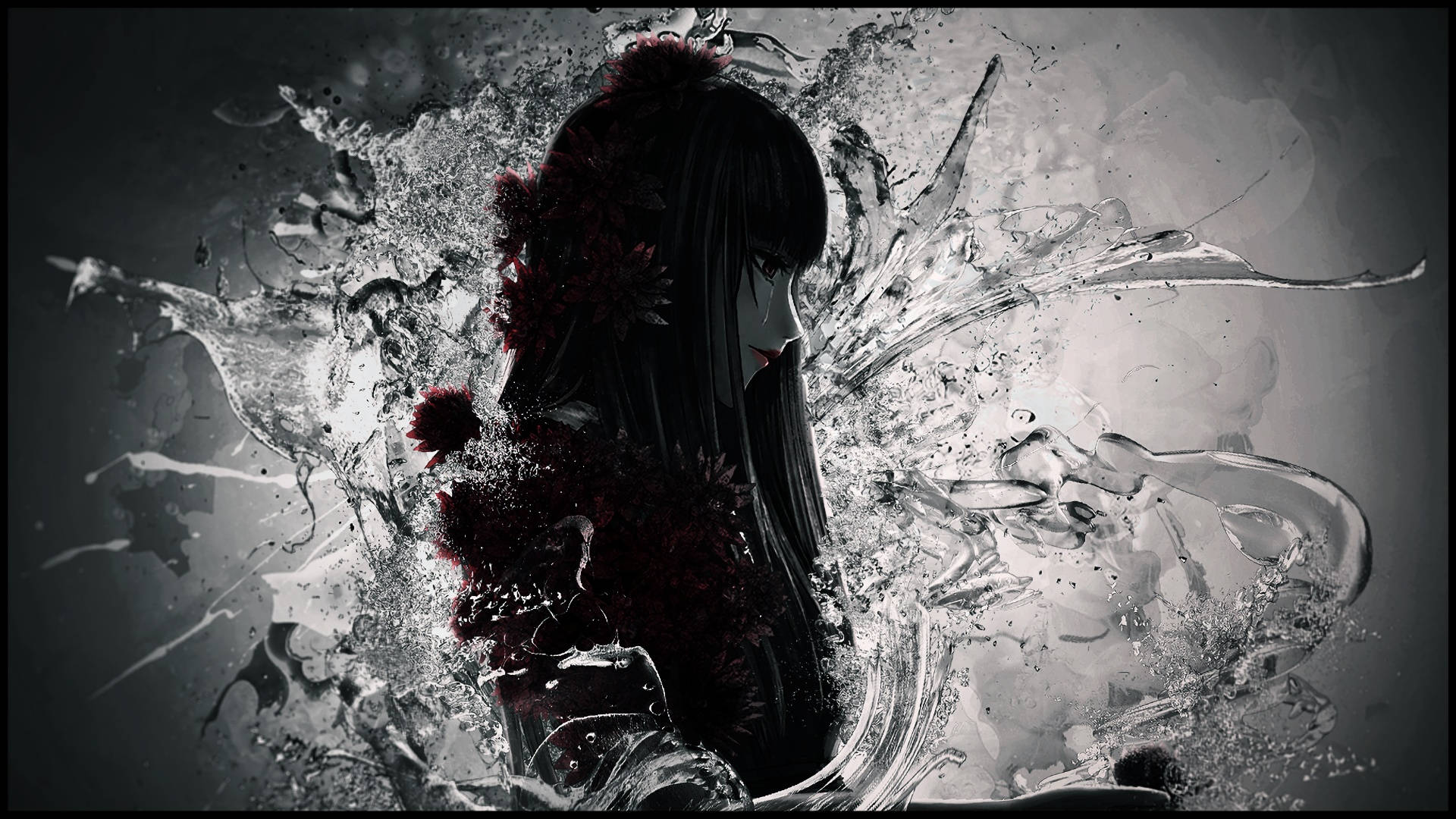 Gothic Death Parade Chiyuki 壁紙 — 一位黑髮動漫女孩手持紅花，從戲劇性的水花中浮現，背景是陰鬱的灰色。