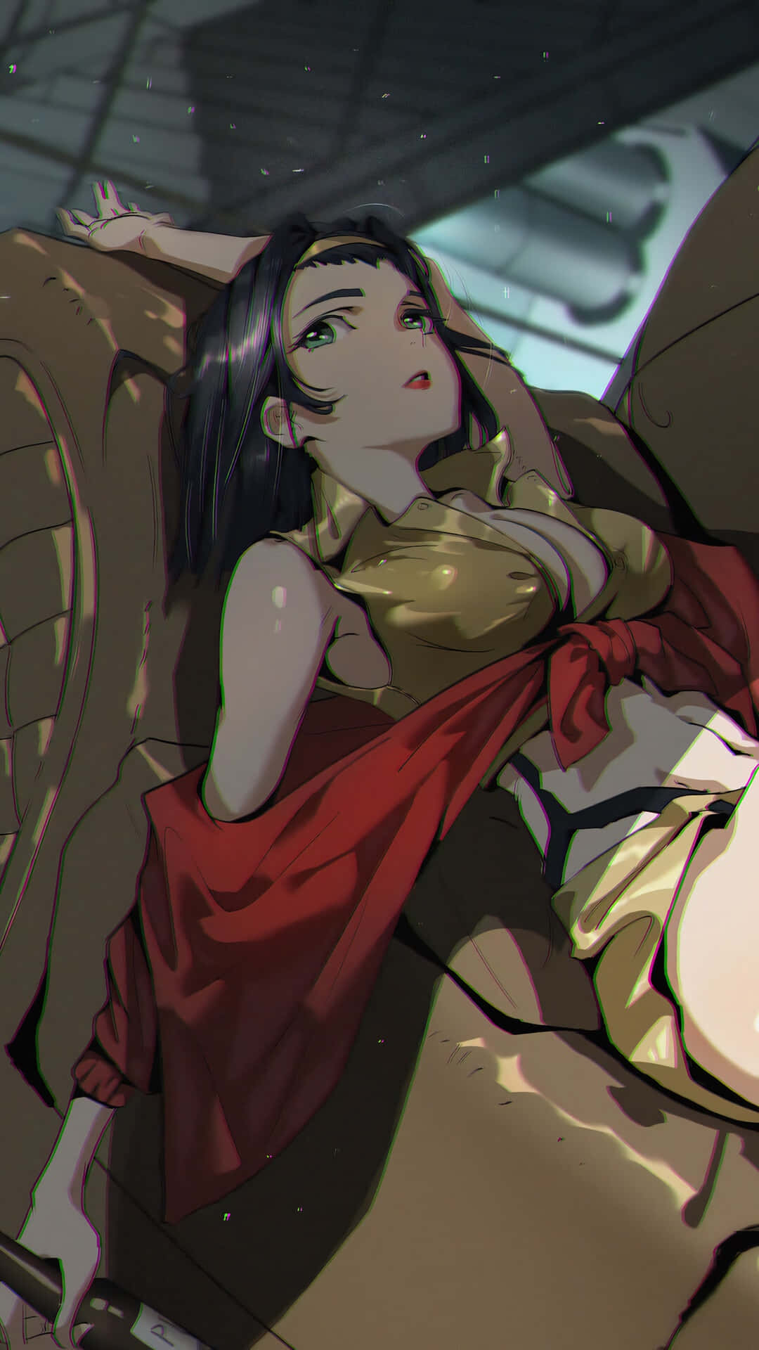 Faye Valentine 桌布 壁紙 — 一位黑髮動漫女孩身穿金色盔甲和紅色斗篷，在星空下的機械駕駛艙內斜躺著。
