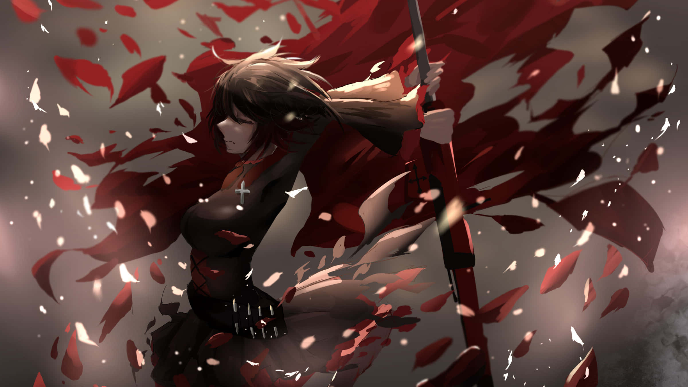Rwby 桌布 壁紙 — 一位黑髮動漫女孩身穿黑色盔甲，揮舞著紅色長矛，深紅色的花瓣在她周圍爆炸，形成戲劇性的戰鬥場景。