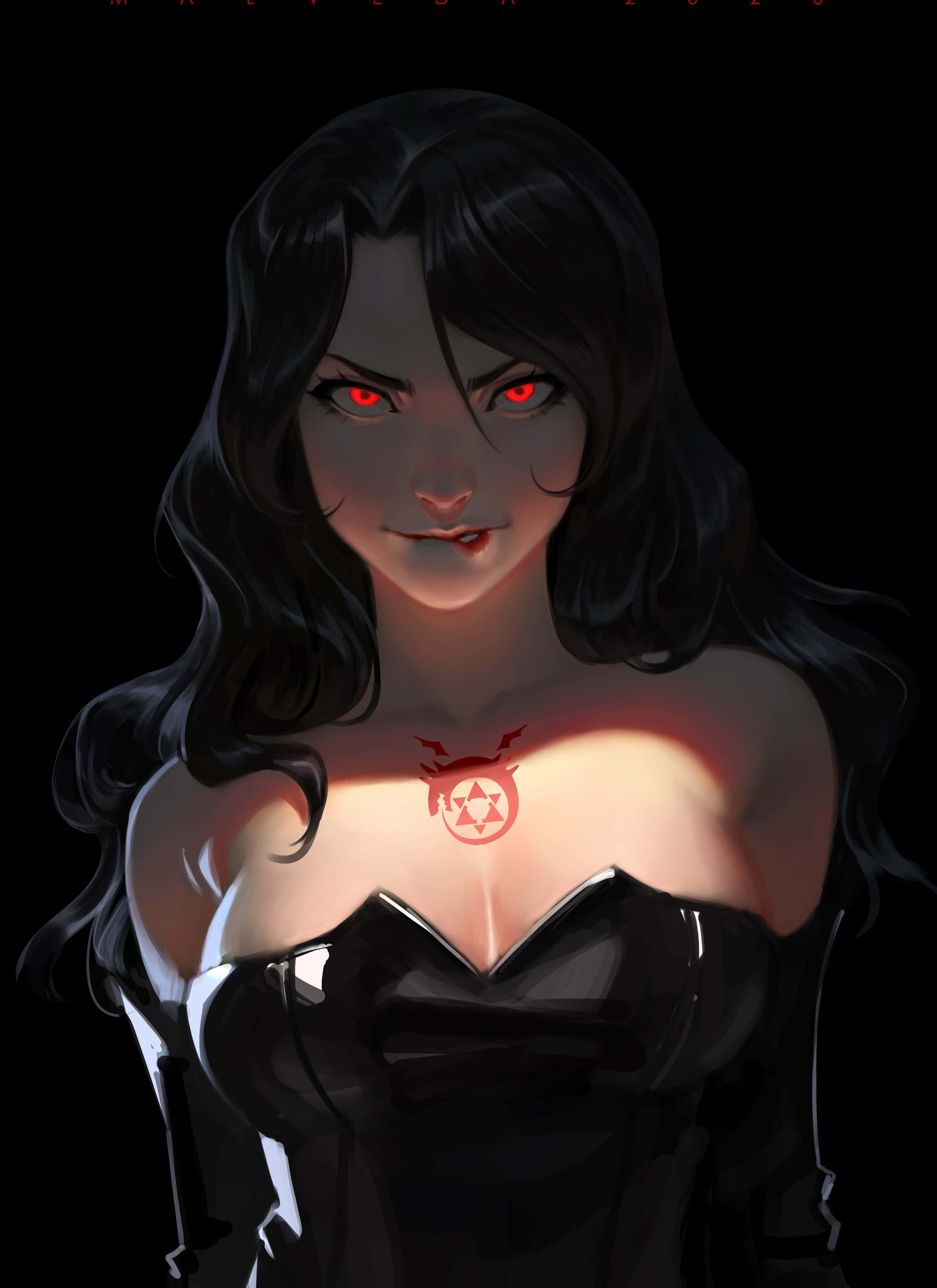 Fullmetal Alchemist Lust 桌布 壁紙 — 一位黑髮動漫女性，擁有發光的紅色眼睛和胸前發光的紅色符號，在黑色背景下強烈凝視。
