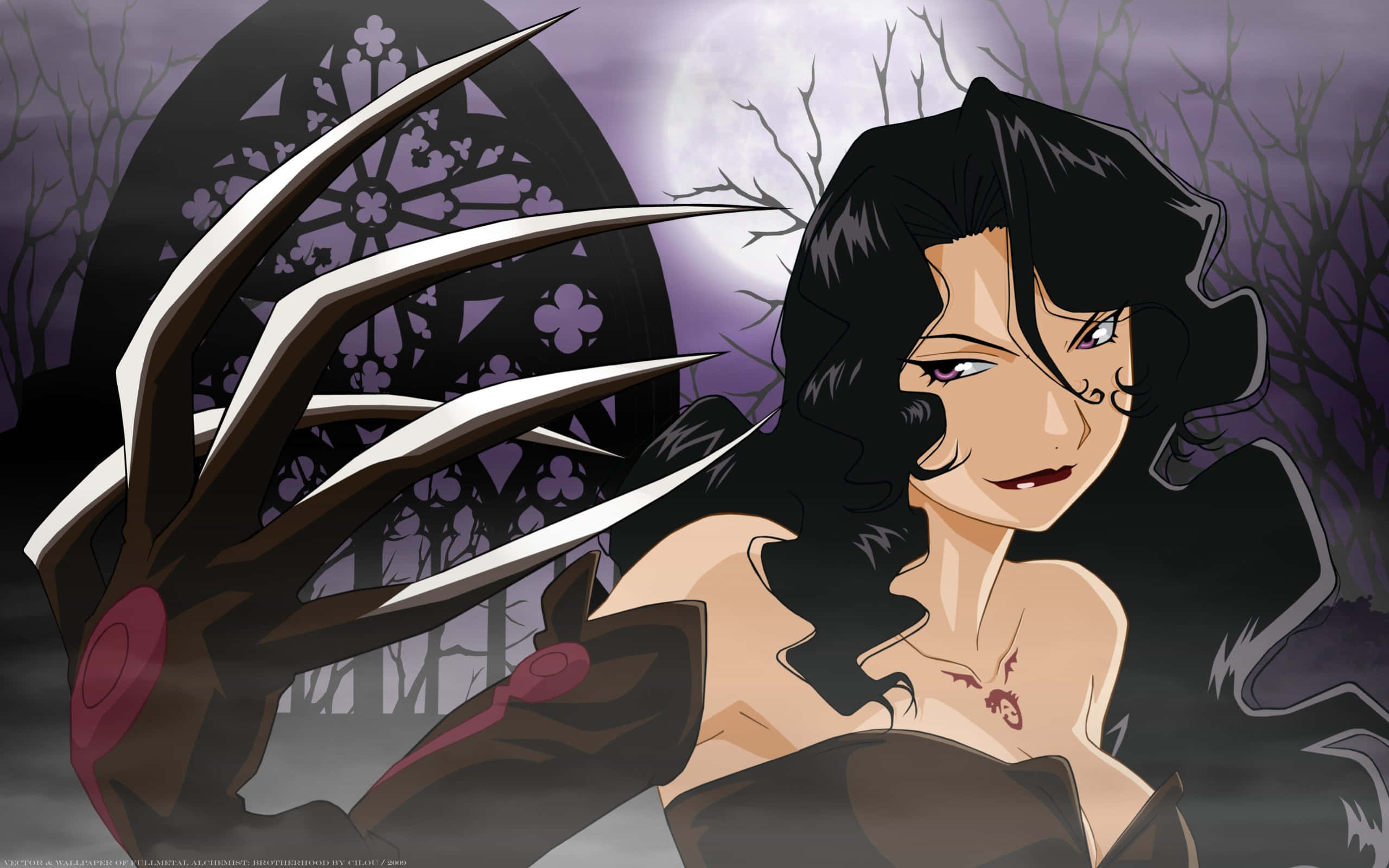 Fullmetal Alchemist Lust 桌布 壁紙 — 一位黑髮動漫女性，擁有鋒利的爪子和紅色標記，在滿月下強烈凝視著哥德式窗戶和光禿禿的樹木。