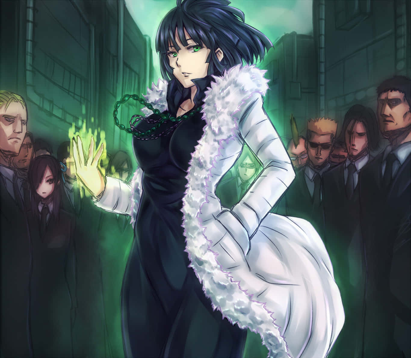 Fubuki 桌布 壁紙 — 一位黑髮動漫女性穿著黑色連衣裙，白色毛領，站在綠色燈光的小巷中，手掌伸出，發光的綠色能量從她手中噴湧而出，周圍是穿著西裝的旁觀者。