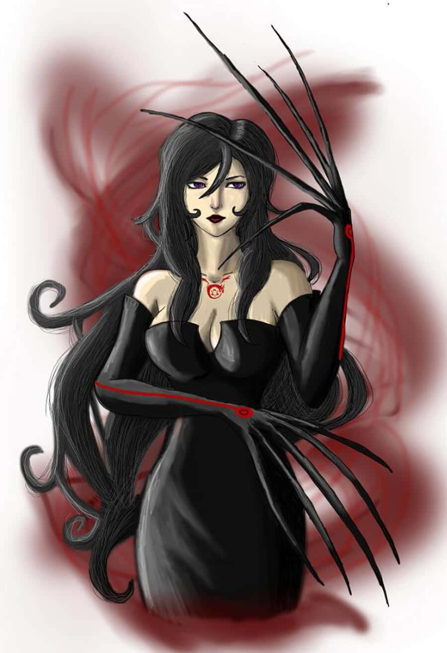Fullmetal Alchemist Lust 桌布 壁紙 — 一位黑髮動漫女性穿著黑色連衣裙，擁有爪狀手和紅色點綴，站在旋轉的紅色背景前。
