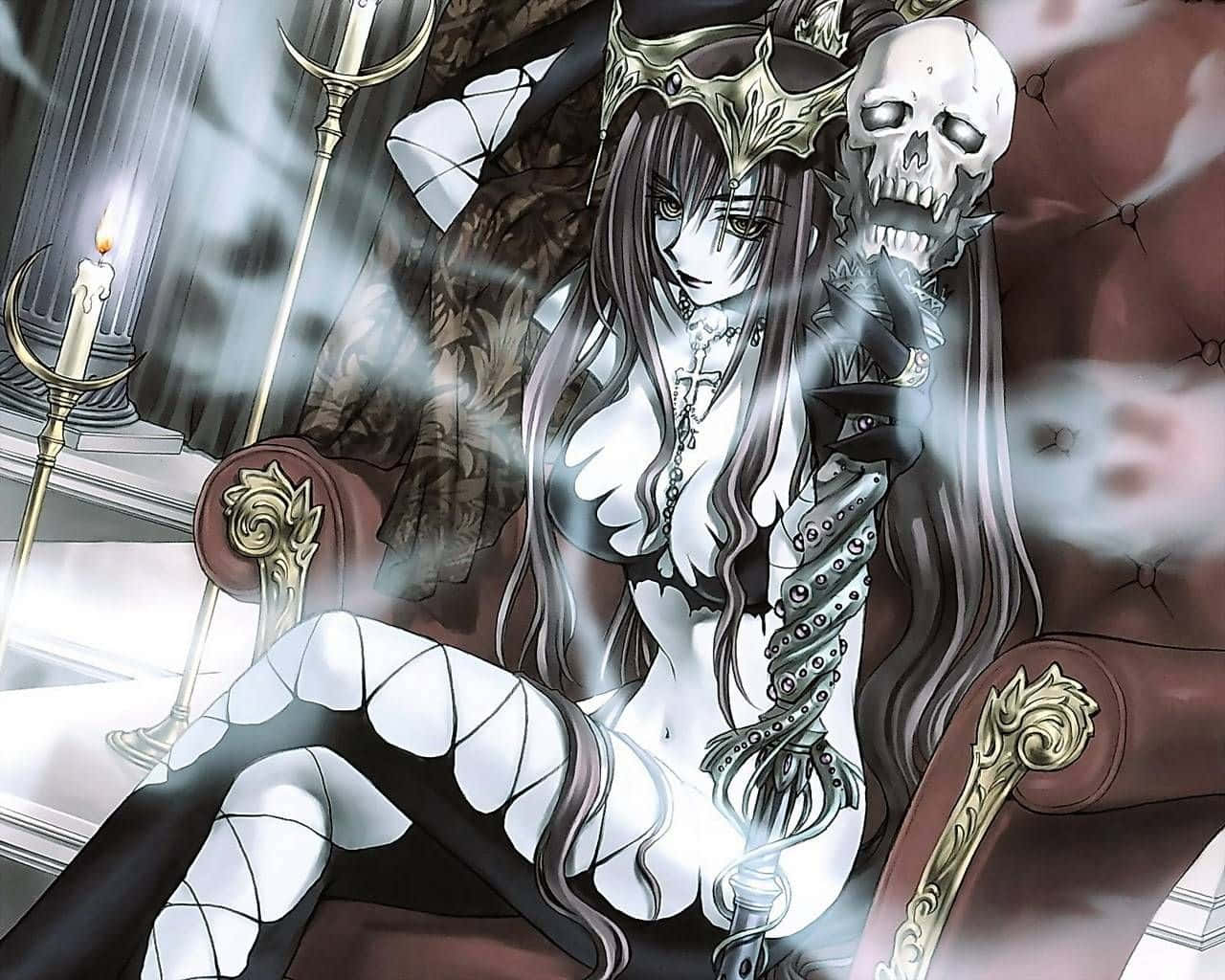 Dark Queen 桌布 壁紙 — 一位黑髮動漫女王戴著骷髏王冠，威嚴地坐在王座上，手持一副骷髏手臂，周圍環繞著煙霧和燭光。