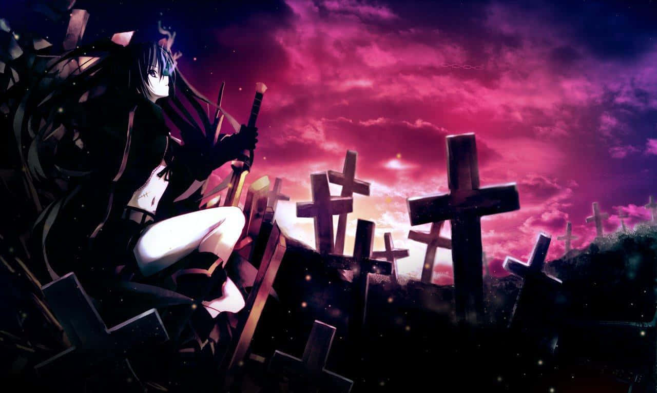 Thriller Anime 桌布 壁紙 — 一位黑髮動漫少女，雙眼發光，坐在破碎的十字架上，背景是充滿活力的洋紅色暮色天空。