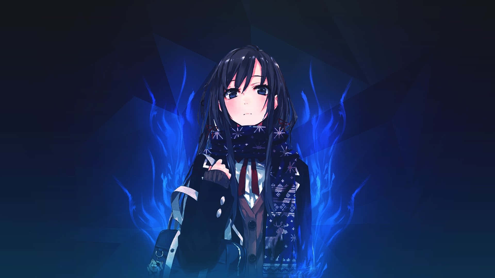 寄生獸 桌布 壁紙 — 一位黑髮動漫少女穿著校服，站在幾何夜間背景前，被發光的藍色火焰包圍。