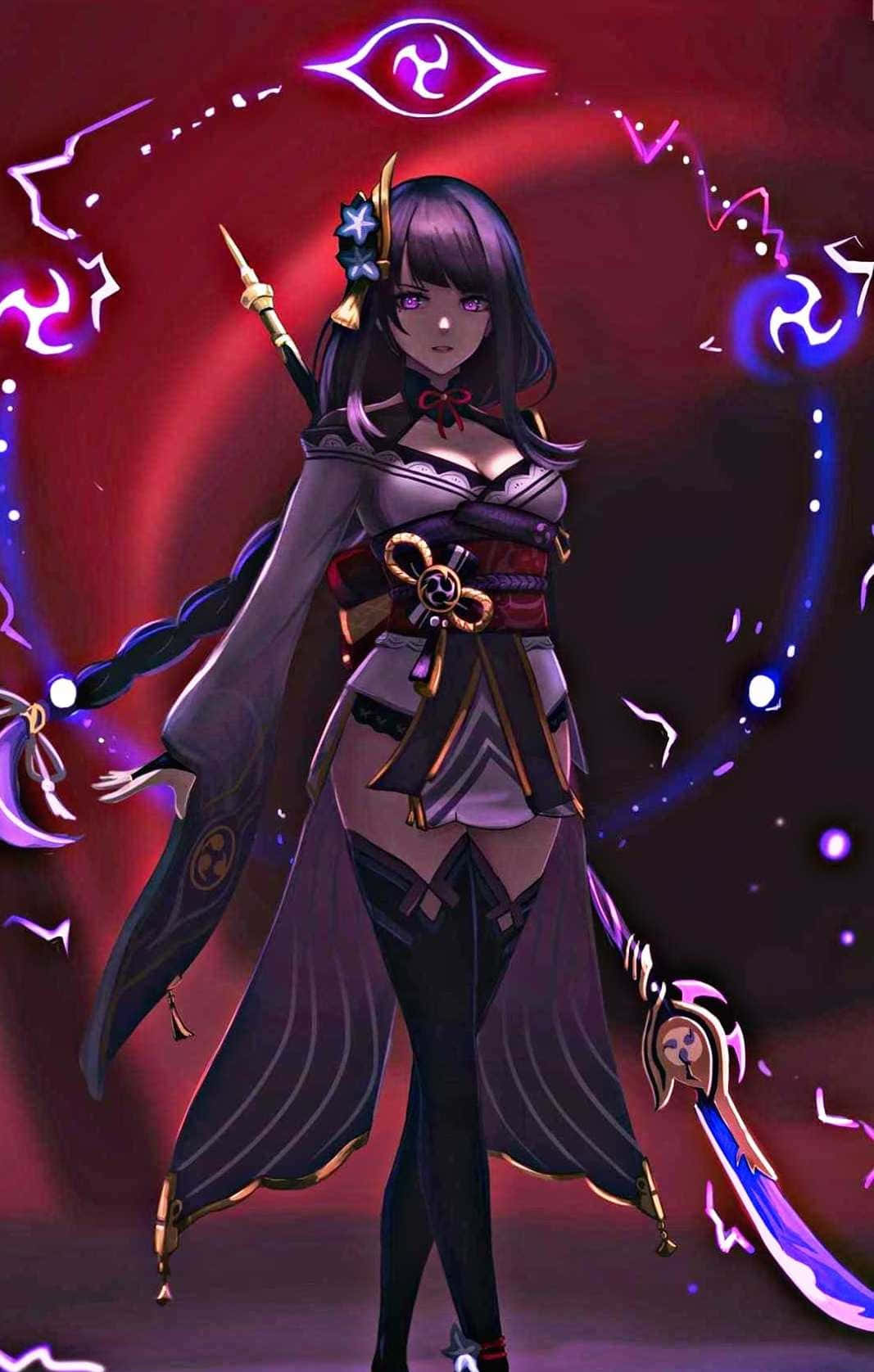 Baal Genshin Impact 桌布 壁紙 — 一位黑髮動漫少女身穿紫色和黑色武士服，在旋轉的紅色和紫色魔法背景下揮舞著發光的劍。