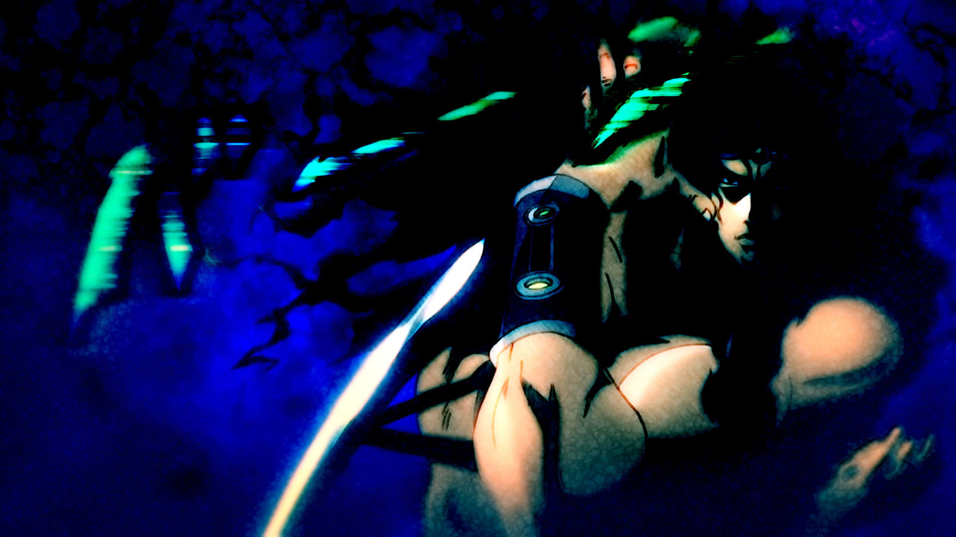Jojo's Bizarre Adventure Kars 桌布 壁紙 — 一位黑髮動漫戰士在藍色光芒的森林中，專注地揮舞著發光的劍。