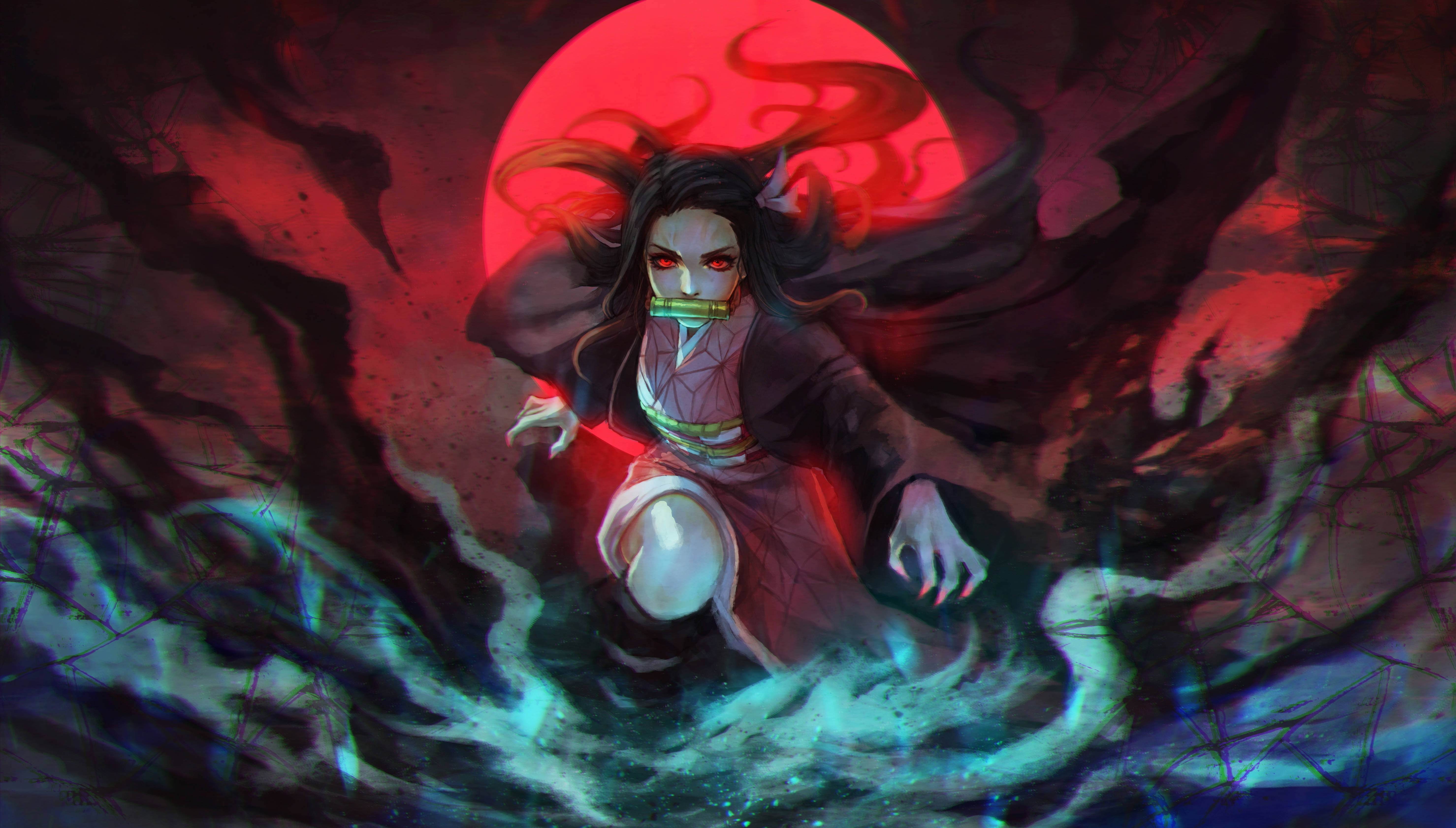 Demon Slayer Nezuko Cute Digital Artwork 壁紙 — 一位黑髮動漫戰士戴著口塞，站在旋轉的紅色和藍色能量之中，面前是一輪發光的紅月。