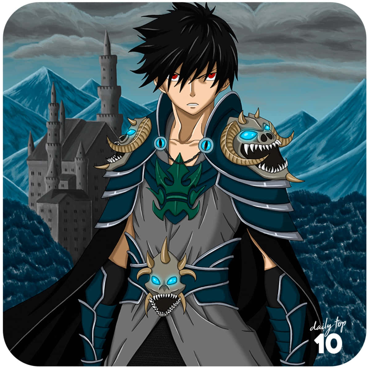 Zeref Dragneel 桌布 壁紙 — 一位黑髮動漫戰士身穿飾有龍頭骨的華麗藍色盔甲，站在風暴天空下積雪山脈上的城堡前。