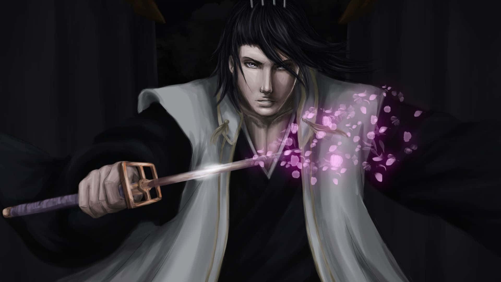 Byakuya Kuchiki 桌布 壁紙 — 一位黑髮動漫戰士身穿黑白長袍，在陰暗背景下揮舞著一把發光的劍，劍上散發出紫色的櫻花瓣。