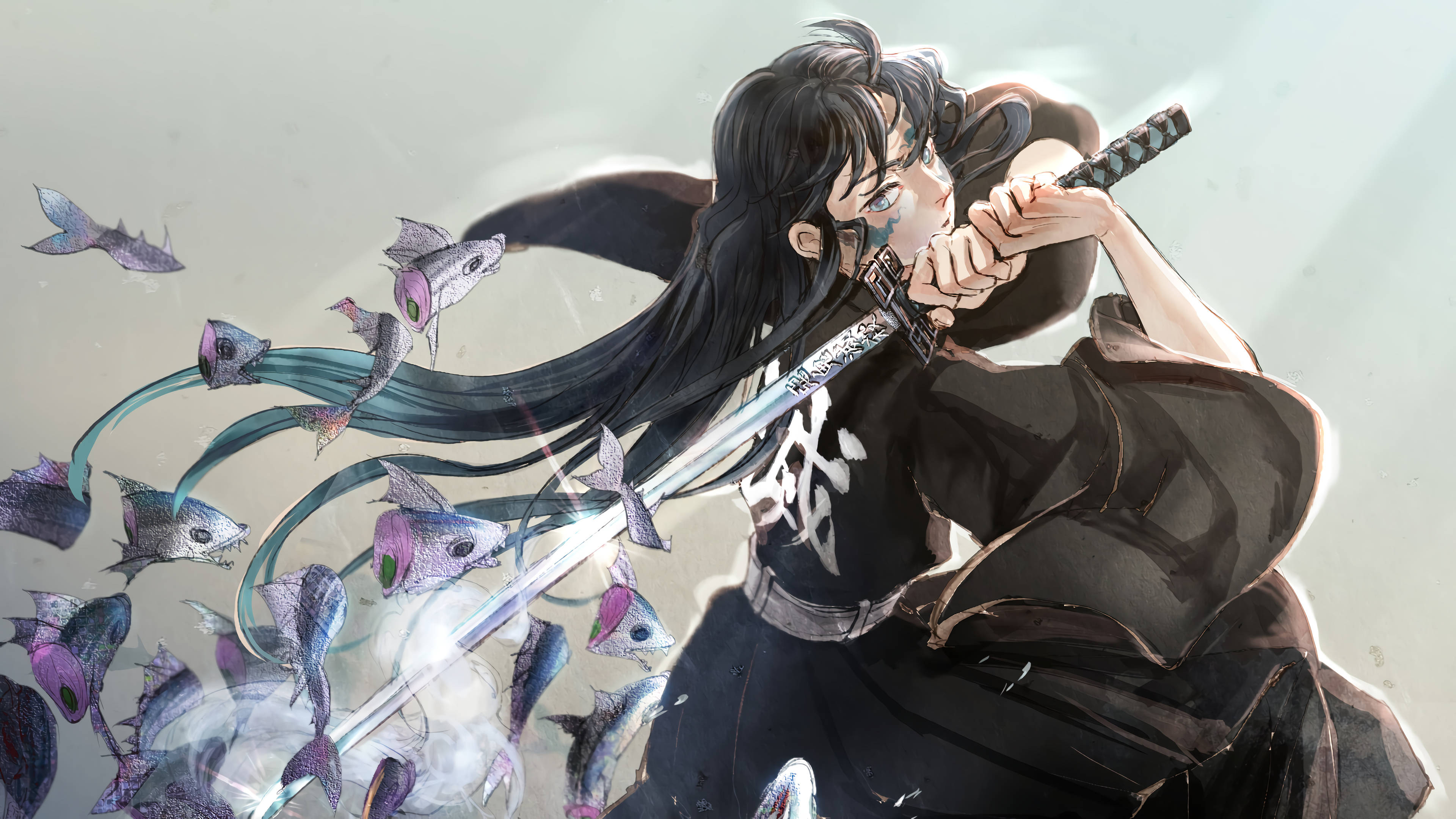 Muichiro 桌布 壁紙 — 一位黑髮動漫戰士身穿黑色和服，用發光的劍斬擊，將紫色魚狀生物擊飛到霧氣中。
