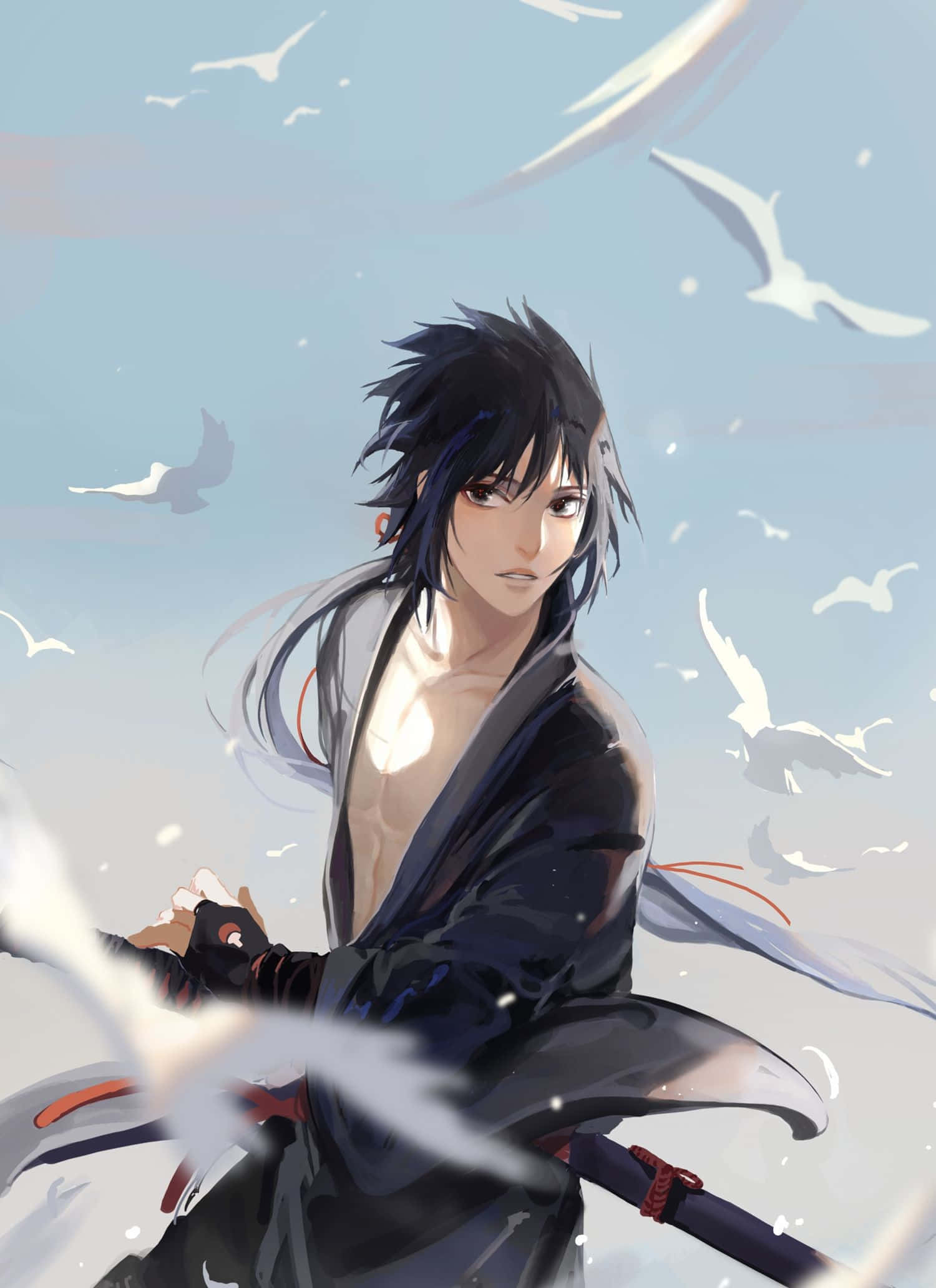 Izuna Uchiha 桌布 壁紙 — 一位黑髮動漫戰士身穿黑色長袍，在淡藍色天空下站在旋轉的白鳥群中。