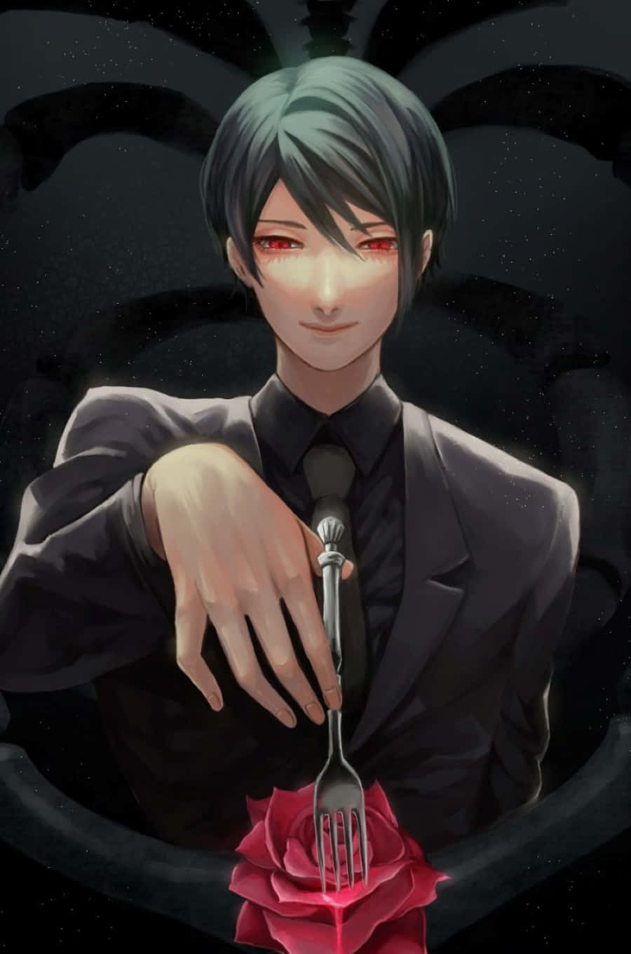 Shuu Tsukiyama 桌布 壁紙 — 一位黑髮動漫男子穿著西裝，在星空虛空中拿著叉子刺穿一朵紅玫瑰，帶有蝙蝠般的翅膀。