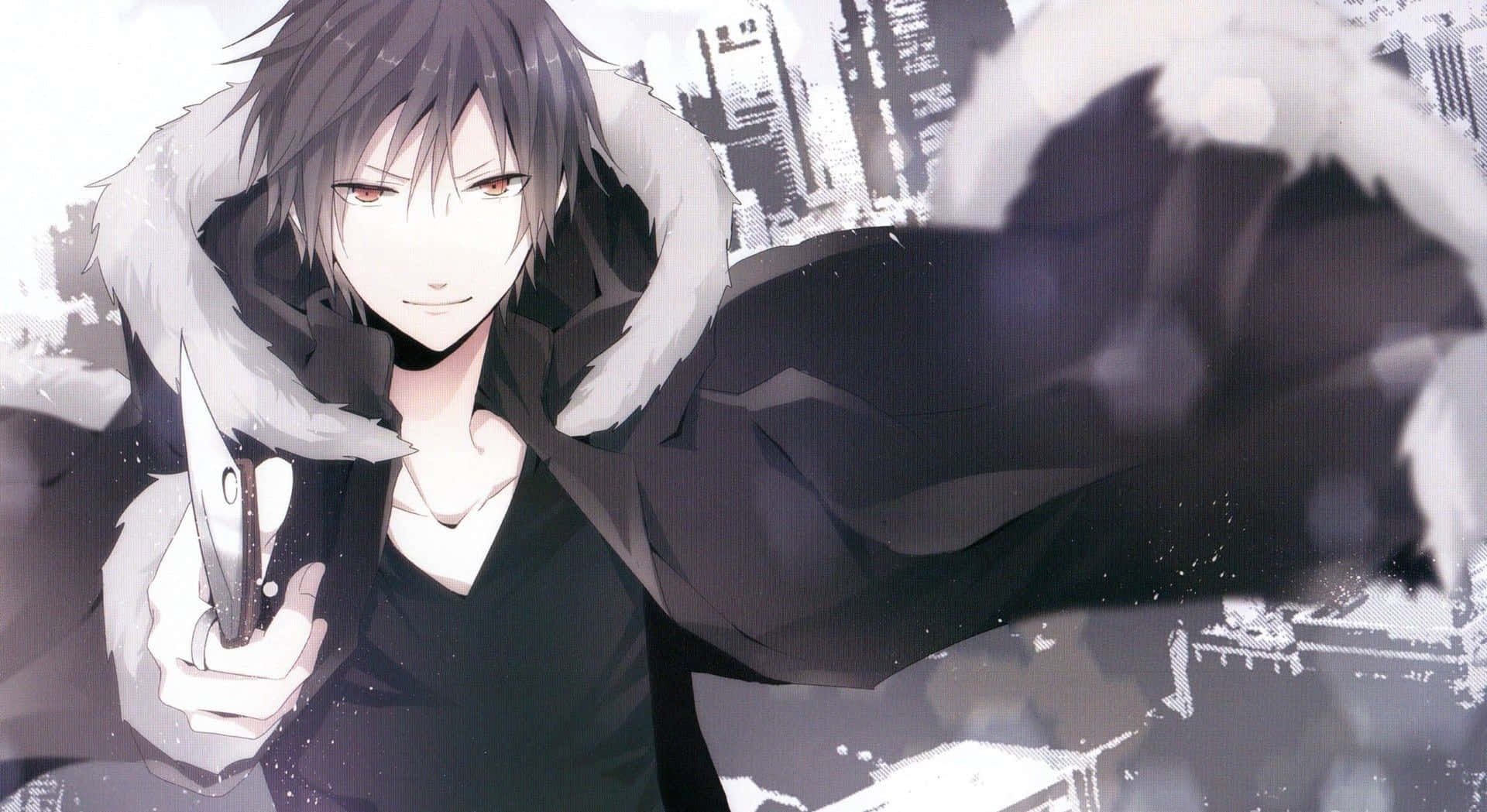 Izaya Orihara 桌布 壁紙 — 一位黑髮動漫男性穿著毛領外套，在模糊的城市景觀背景下持刀。