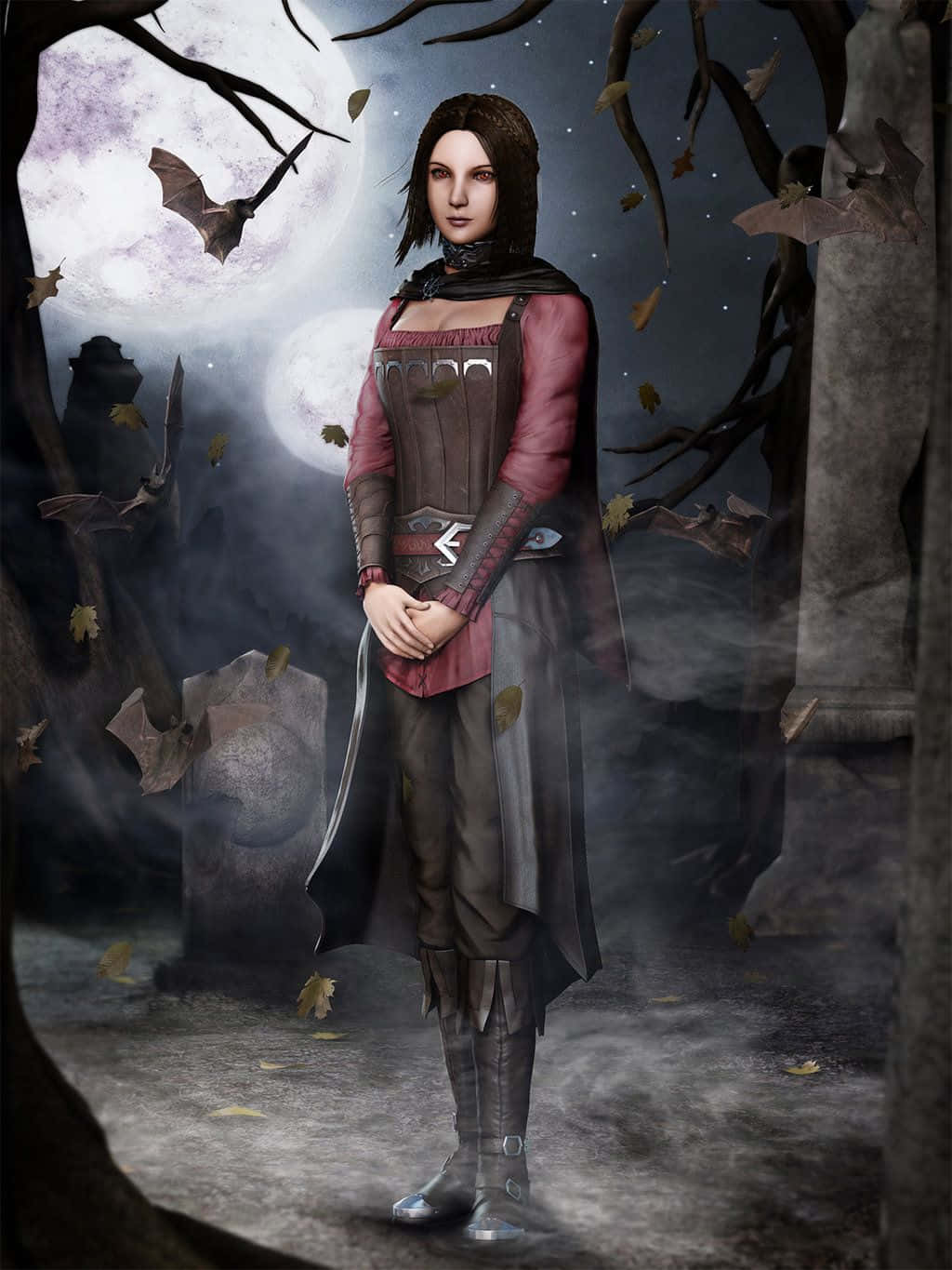 Skyrim Serana 桌布 壁紙 — 一位黑髮女子身穿中世紀盔甲，站在月光下的墓園中，蝙蝠飛過古老的墓碑。