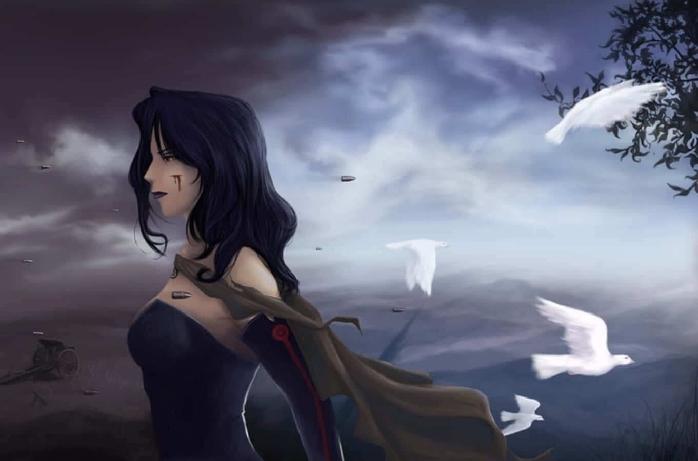 Fullmetal Alchemist Lust 桌布 壁紙 — 一位黑髮女性，淚水劃過臉頰，站在風暴般的風景中，白鴿在她周圍飛翔。