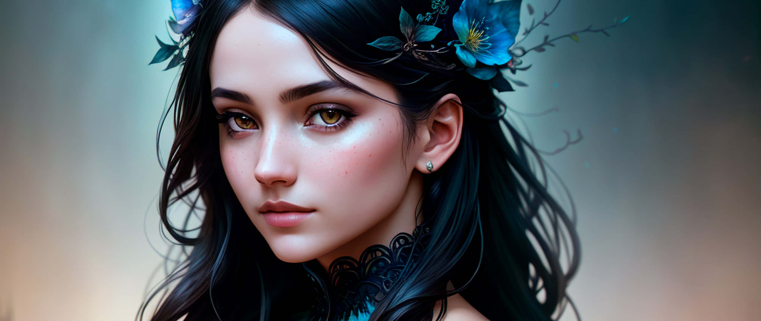 Beautiful Artistic 桌布 壁紙 — 一位黑髮女性的數碼肖像，頭髮上裝飾著藍色花朵，穿著蕾絲領，背景柔和模糊。